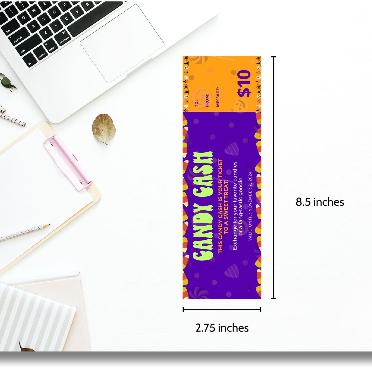 Bright and colorful Halloween-themed voucher/gift certificate with candy corn and lollipop illustrations, offering "Candy Cash" for exchanging sweet treats or goodies.