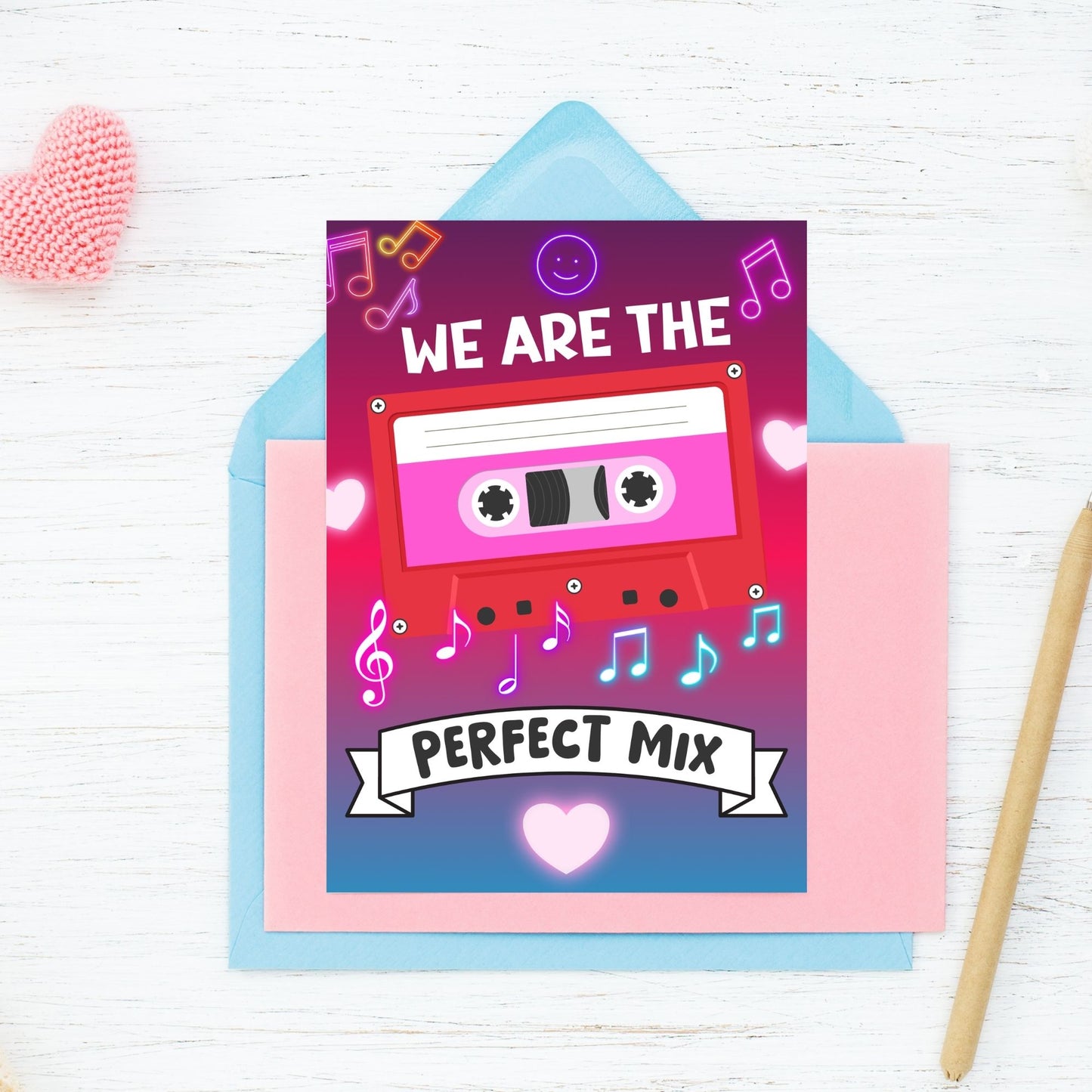 Printable Valentineās Day Greeting Card with the message āWe Are the Perfect Mix.ā Designed as a 5x7 PDF on an 8.5 x 11 sheet with two cards per page. A fun and heartfelt Valentineās card for couples and friends.