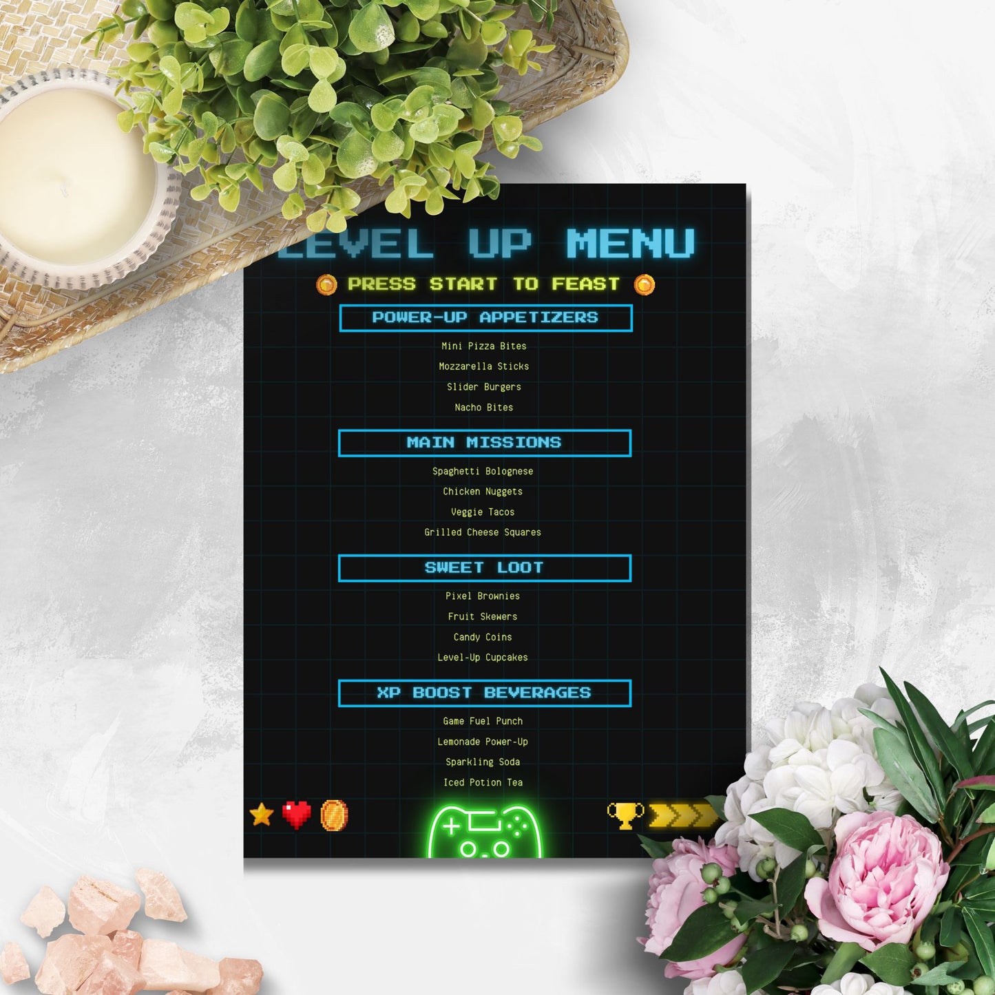 Editable video game-themed menu titled “Level Up Menu” with categories like Power-Up Appetizers, Main Missions, and XP Boost Beverages. Canva template sized 8.5 x 11 inches.
