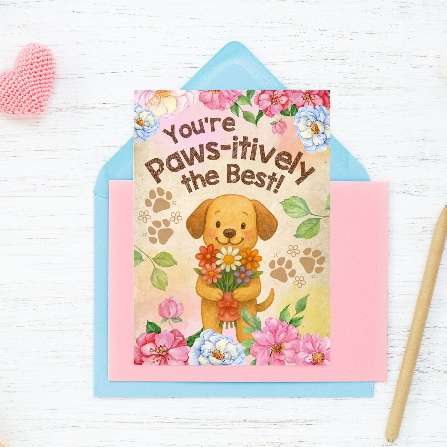 Printable 5x7 card with paw prints and the message “You’re Pawsitively the Best,” ideal for pet moms or animal lovers on Mother’s Day, available as an instant PDF download.