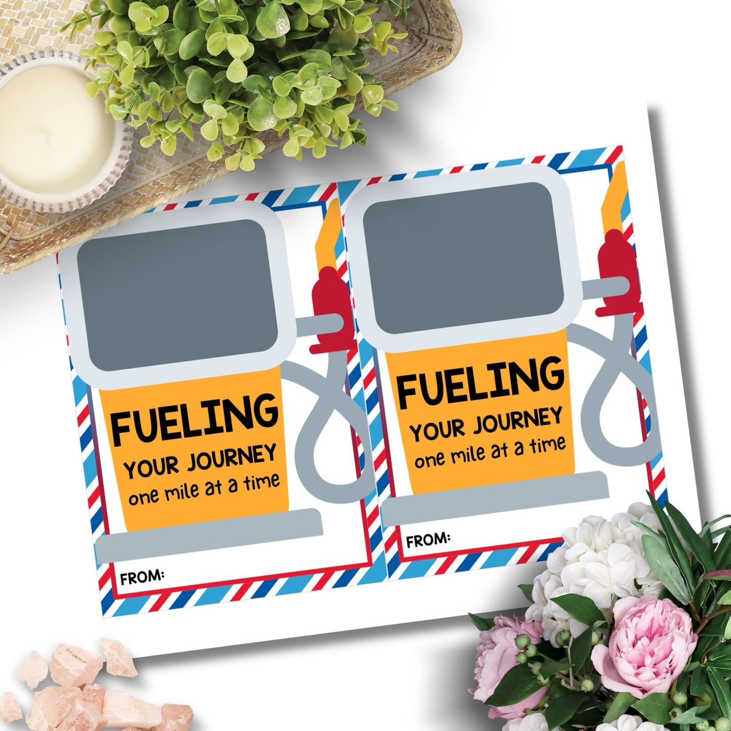Printable gas station gift card holders for students and anyone, 5x7 inches, laid out on an 8.5 x 11 inch sheet, with a dynamic "Fueling Your Journey One Mile at a Time" message.