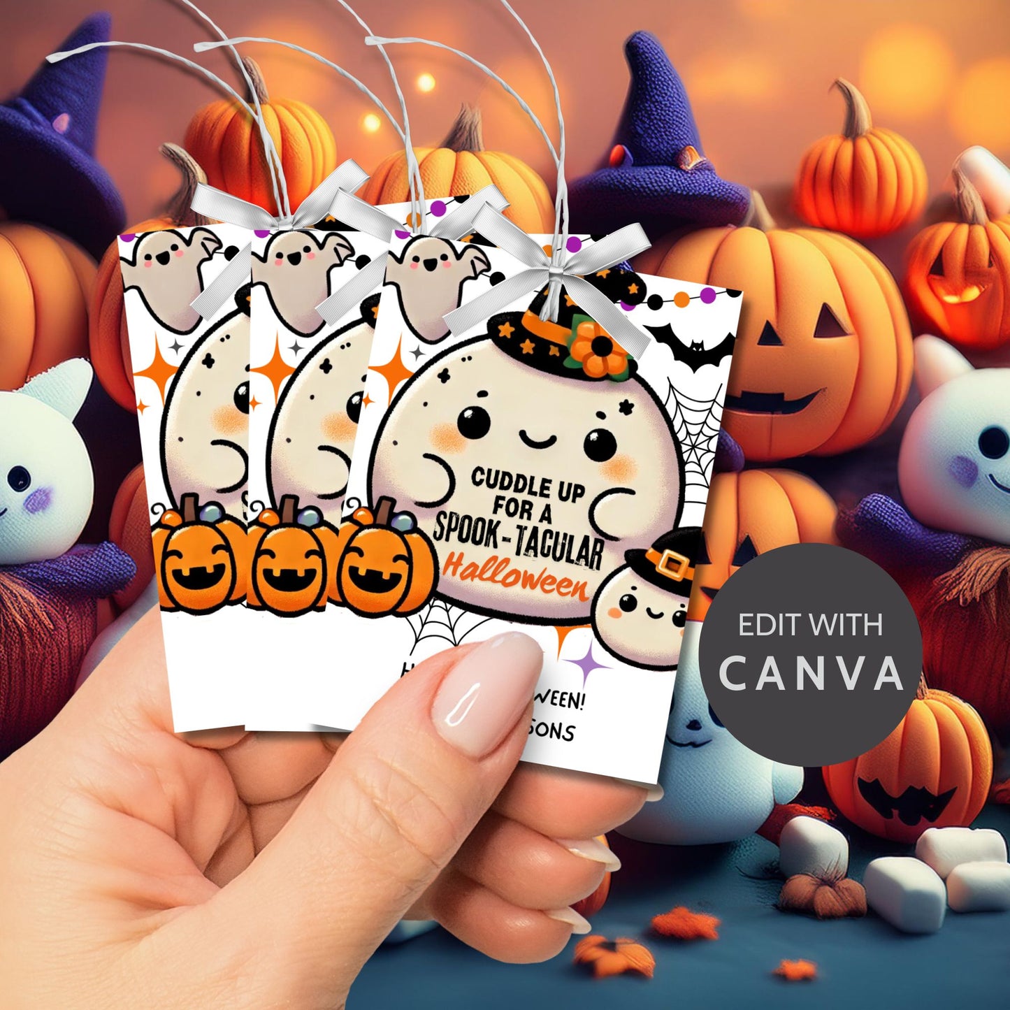 A set of cute, Squishmallow-themed Halloween gift tags featuring an adorable squishy ghost and pumpkin with witch hats. The tags say "Cuddle up for a Spook-Tacular Halloween!" Perfect for Squishmallow fans, these tags are 2.5 x 3.5 inches, laid out 8 per sheet, with a printable PDF and editable template included.
