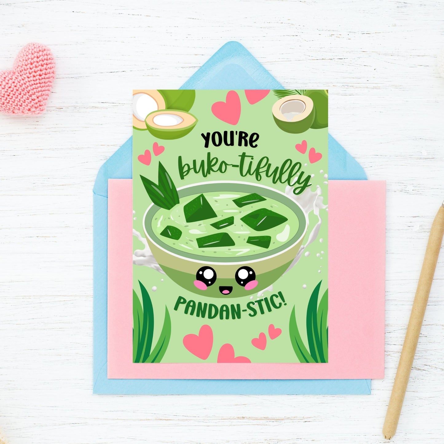 Printable Valentineās Day card featuring the phrase āYou're Bukotifully Pandansticā with a Filipino Buko Pandan-inspired design. Designed as a 5x7 PDF on an 8.5 x 11 sheet with two cards per page. A punny and heartfelt Valentineās card for Filipino food lovers.