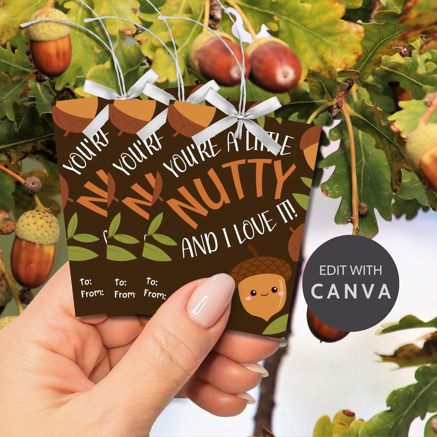 Editable acorn-themed fall gift tags with the message 'You're a Little Nutty and I Love It!' in 2.5 x 3.5 inches, 8 per sheet, available as printable and customizable PDFs.