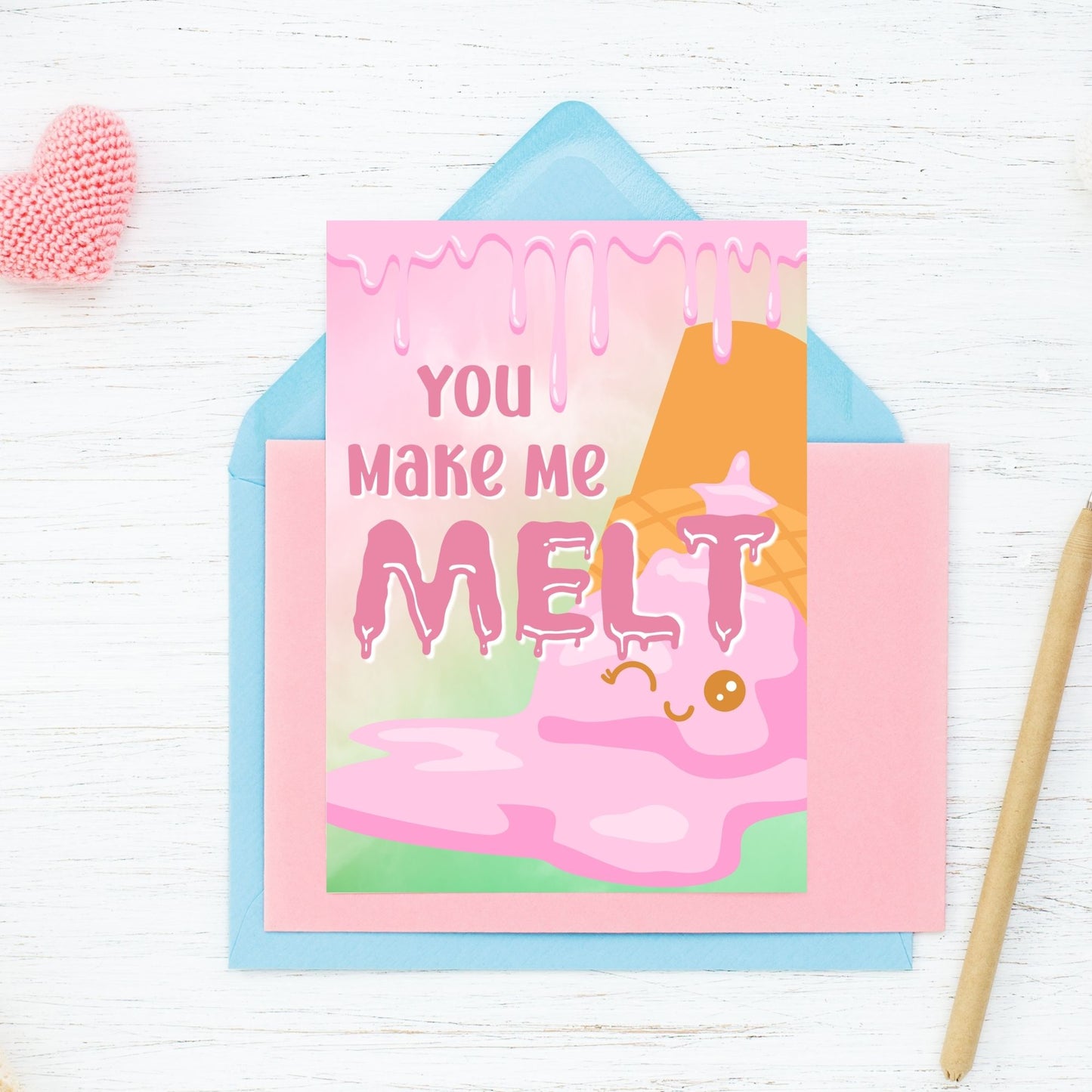 Printable Valentineās Day Greeting Card featuring the phrase āYou Make Me Meltā with an ice cream theme. Designed as a 5x7 PDF on an 8.5 x 11 sheet with two cards per page. A sweet and punny Valentineās card for loved ones.