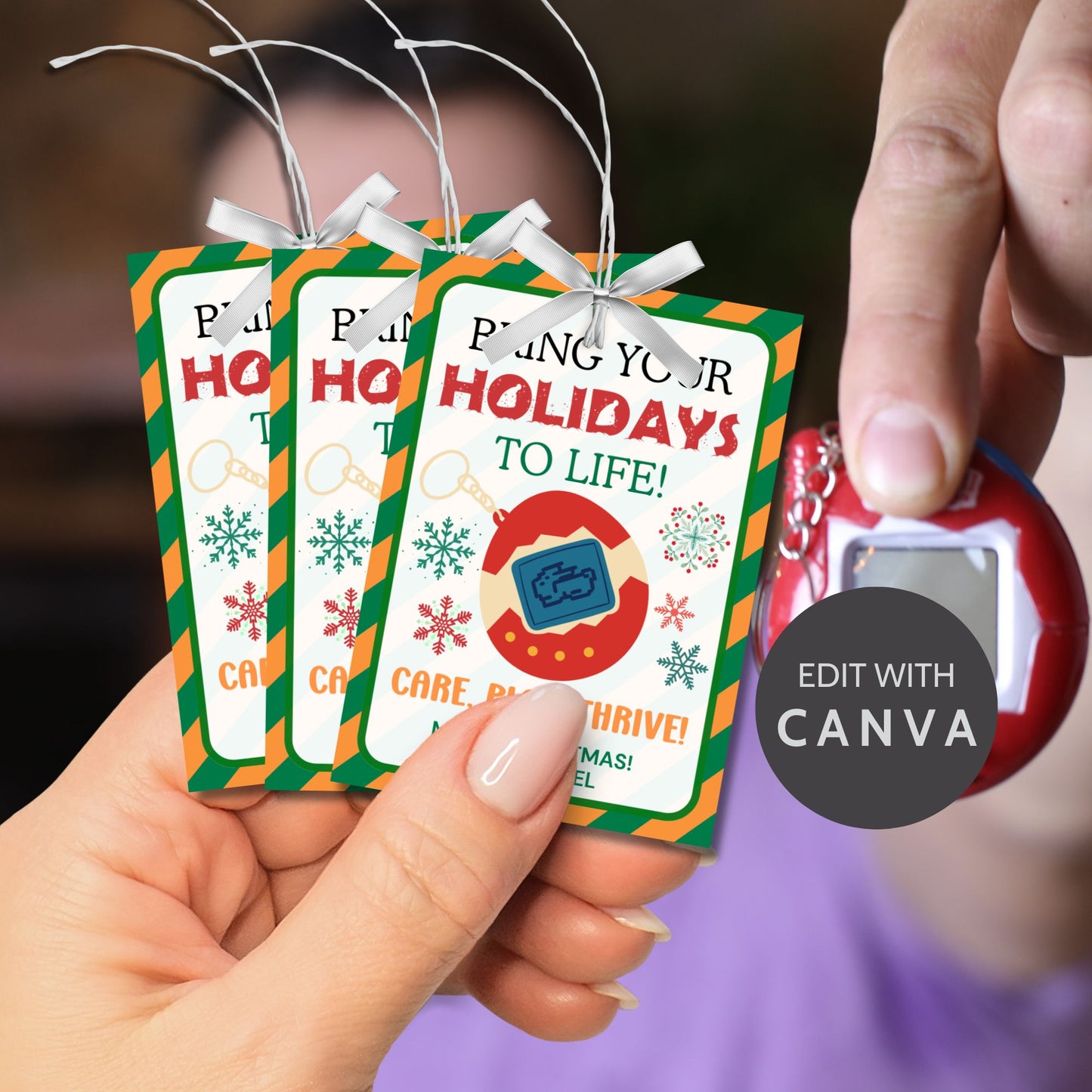 Festive holiday gift tags for Tamagotchi gifts featuring a colorful digital pet theme with a cheerful holiday message, perfect for kids or nostalgic retro lovers.