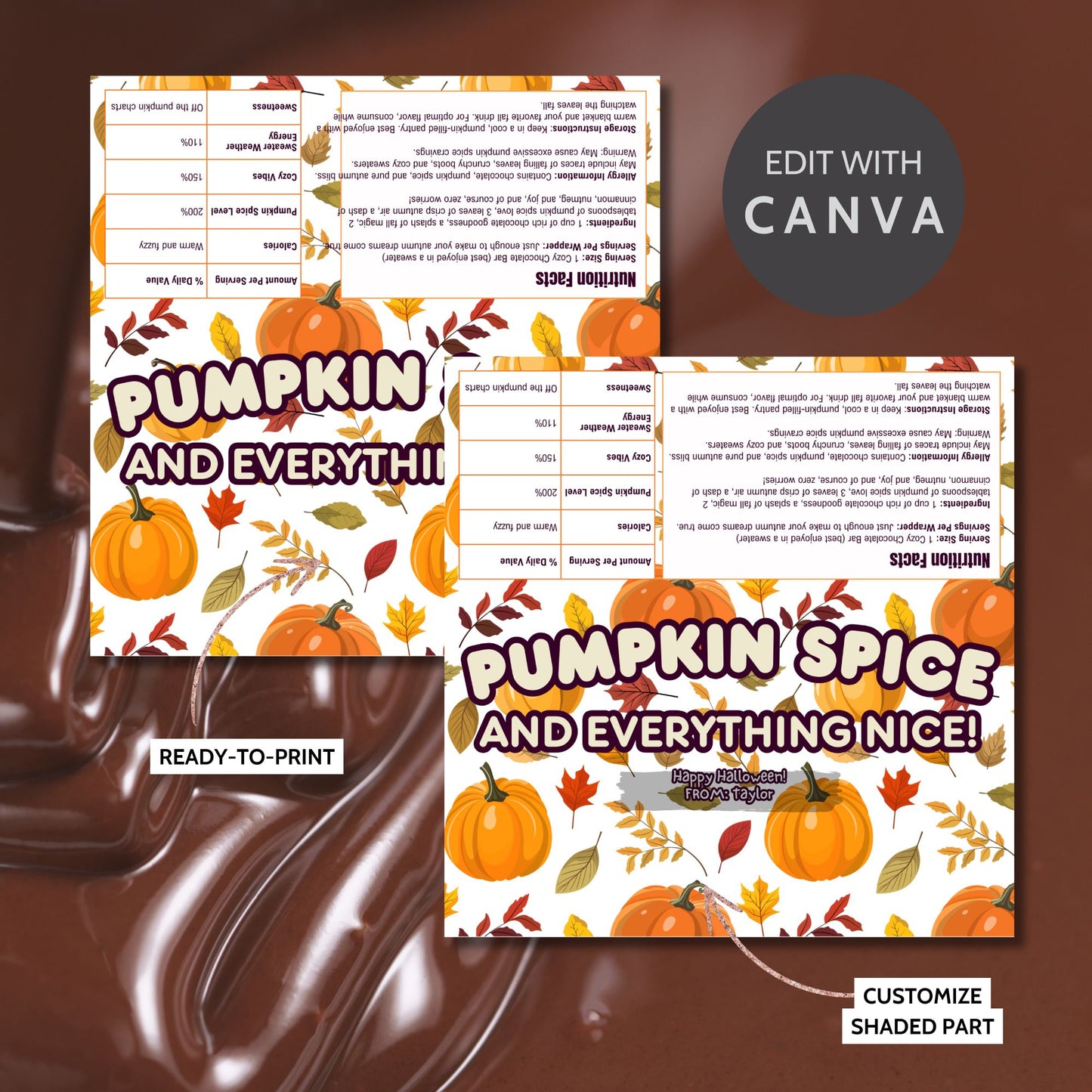Printable and editable pumpkin-themed Halloween chocolate bar wrapper featuring pumpkins and fall leaves, perfect for Halloween and autumn-themed parties.