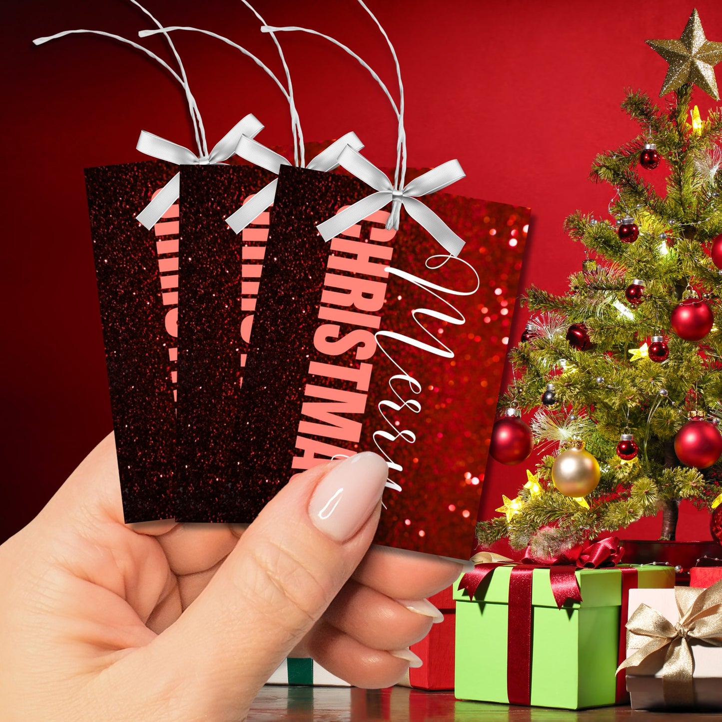 Red-themed ready-to-print Christmas gift tags featuring a glittery red background with elegant "Merry Christmas" text, 2.5 x 3.5 inches, 8 per 8.5 x 11-inch sheet.