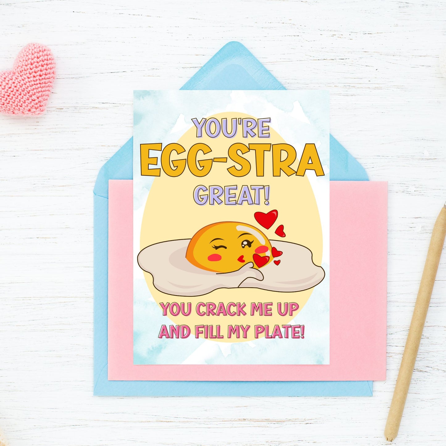 Printable 5x7 Mother’s Day card with a fried egg illustration and the pun “You’re Eggstra Great,” in a bright and playful style, available as an instant PDF download.