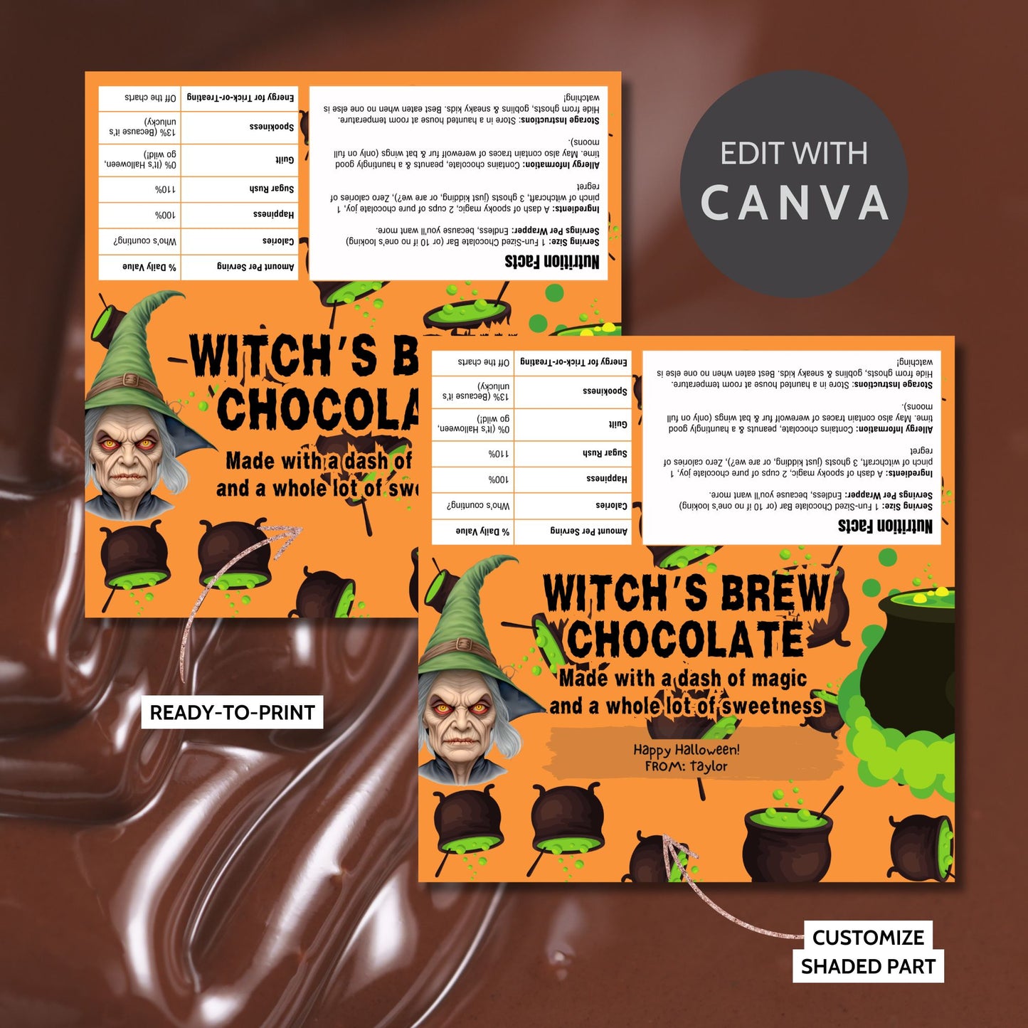 Printable and editable Halloween chocolate bar wrappers with witch and cauldron design, perfect for Halloween parties and trick-or-treat.