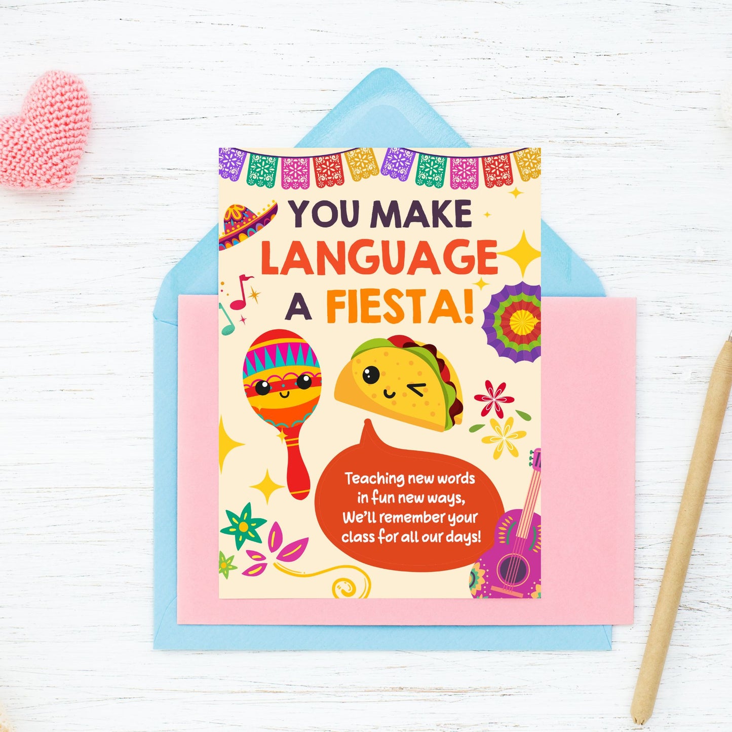 Printable teacher card reading “You Make Language a Fiesta” – world language appreciation design, 5x7 digital download