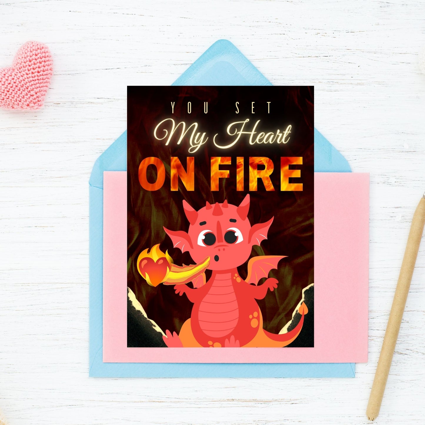 Printable Valentine’s Day Greeting Card featuring the phrase “You Set My Heart on Fire” with a fiery dragon theme. Designed as a 5x7 PDF on an 8.5 x 11 sheet with two cards per page. A bold and passionate Valentine’s card for fantasy lovers.