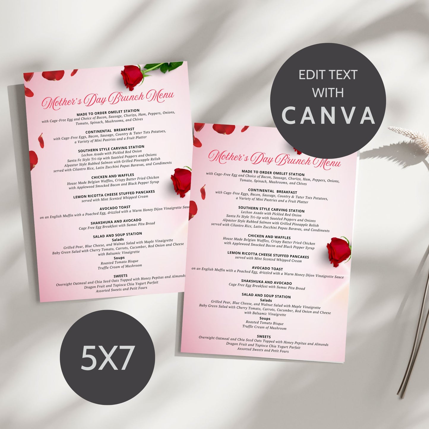 Elegant Mother's Day brunch menu featuring a sophisticated design with red and pink roses, customizable for a perfect family gathering.