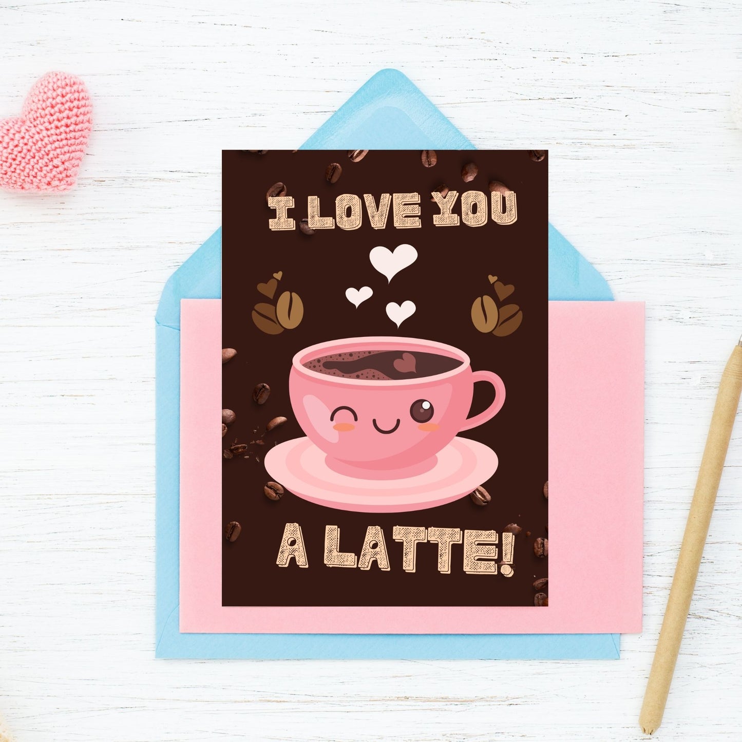 Printable Valentine’s Day Greeting Card featuring the phrase “I Love You a Latte” with a coffee theme. Designed as a 5x7 PDF on an 8.5 x 11 sheet with two cards per page. A warm and punny Valentine’s card for coffee lovers.