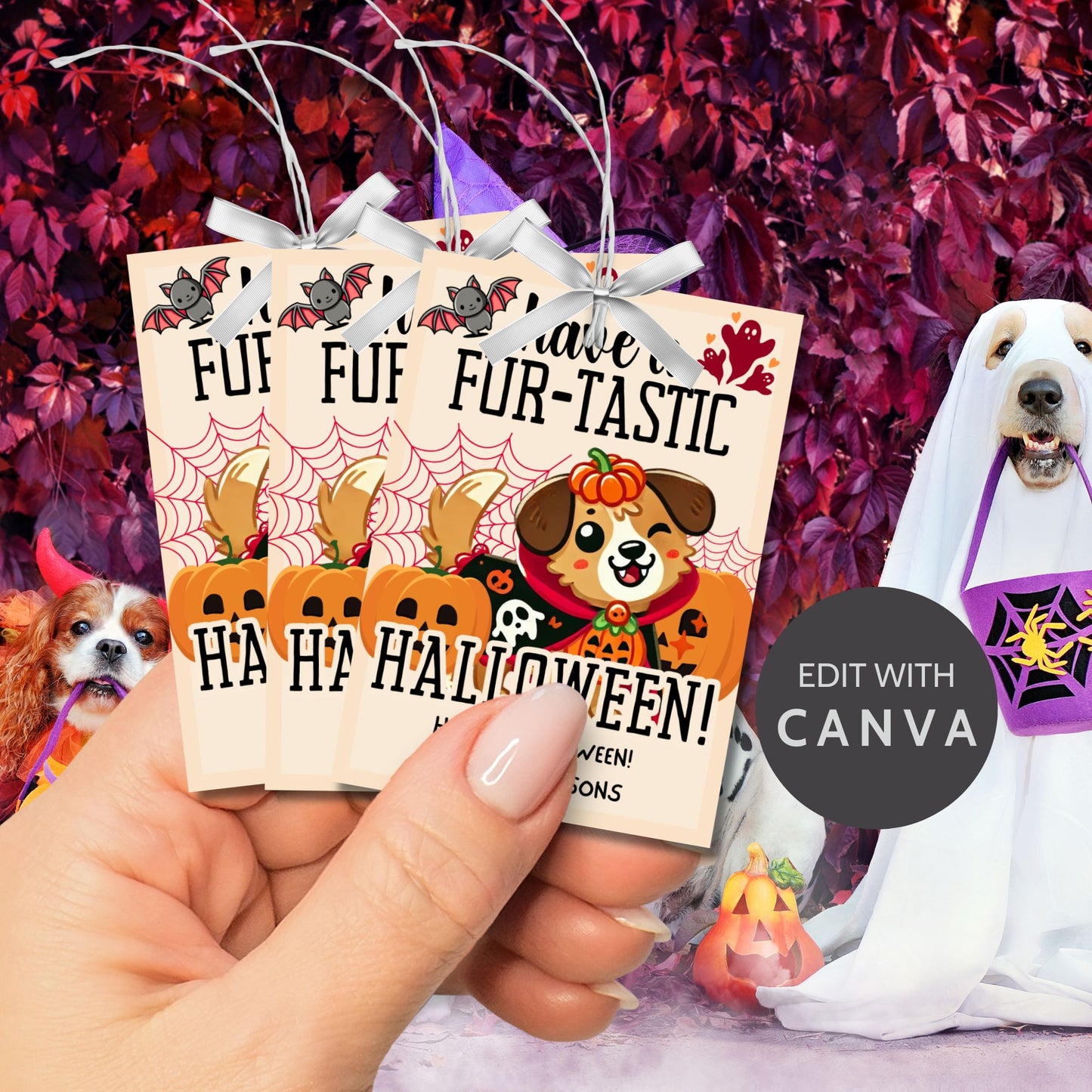 Printable dog-themed Halloween gift tags with the message "Have a Fur-Tastic Halloween!" featuring a cute dog in a pumpkin costume, bats, and pumpkins. The tags are 2.5 x 3.5 inches, laid out 8 per sheet on an 8.5 x 11-inch page. Includes a printable PDF and a link to an editable Canva template.
