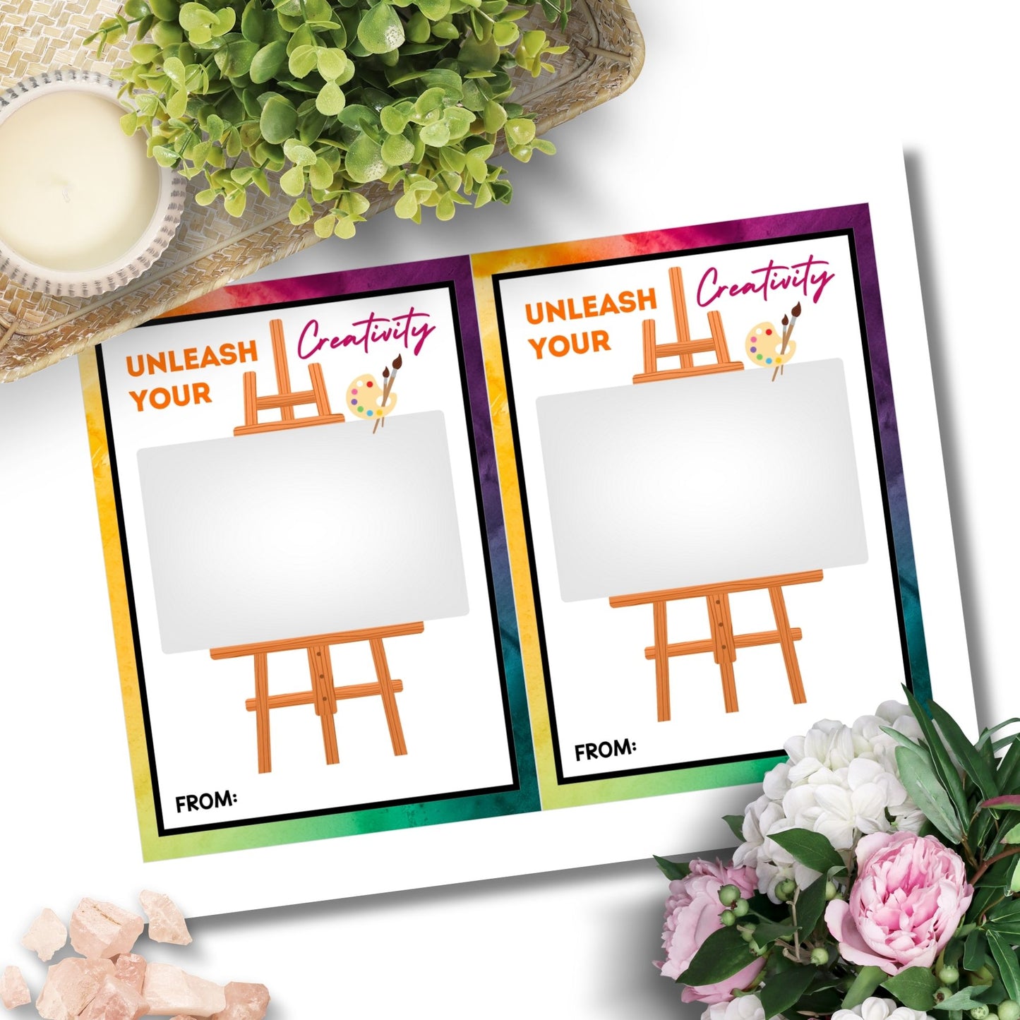 Printable art supply store gift card holders for students and anyone, 5x7 inches, laid out on an 8.5 x 11 inch sheet, with a creative "Unleash Your Creativity" message.