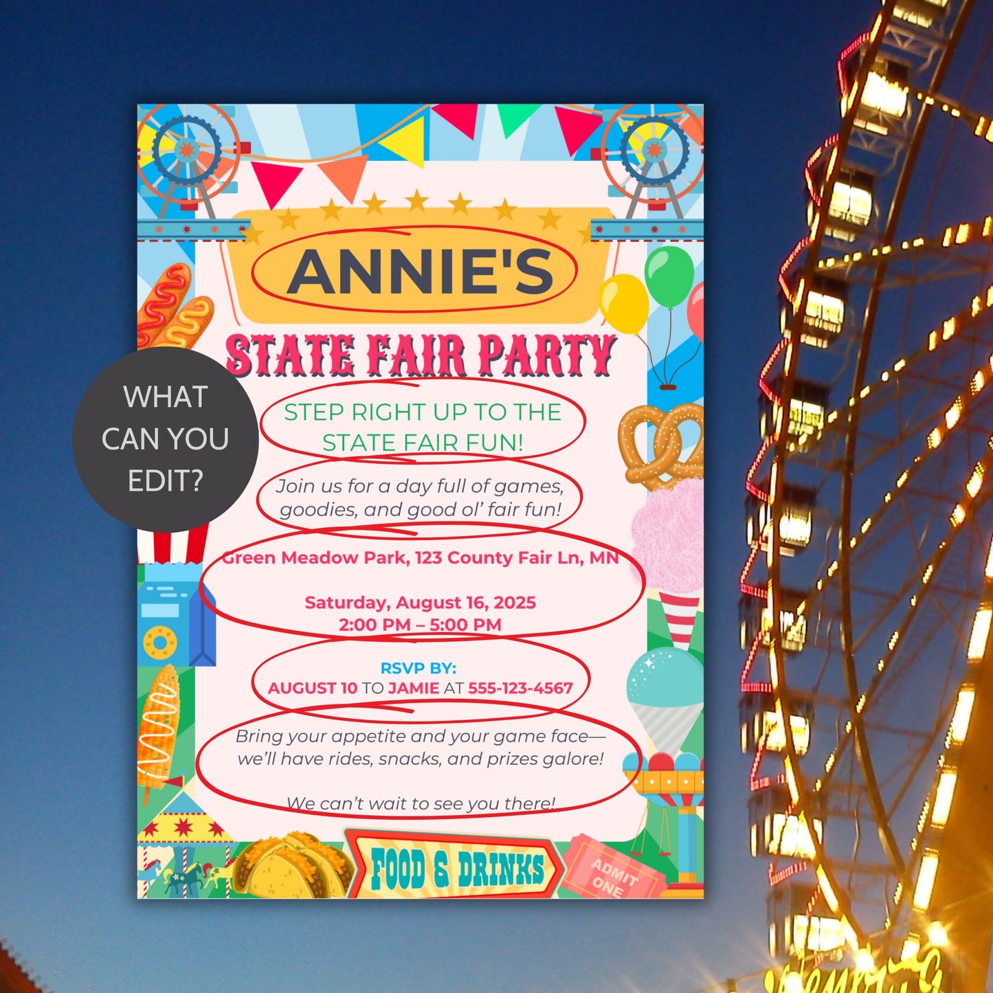 Editable State Fair Party Invitation with Ferris wheels, popcorn, cotton candy, hot dogs, and colorful fair elements; 5x7 Canva template printable for birthdays or summer events.