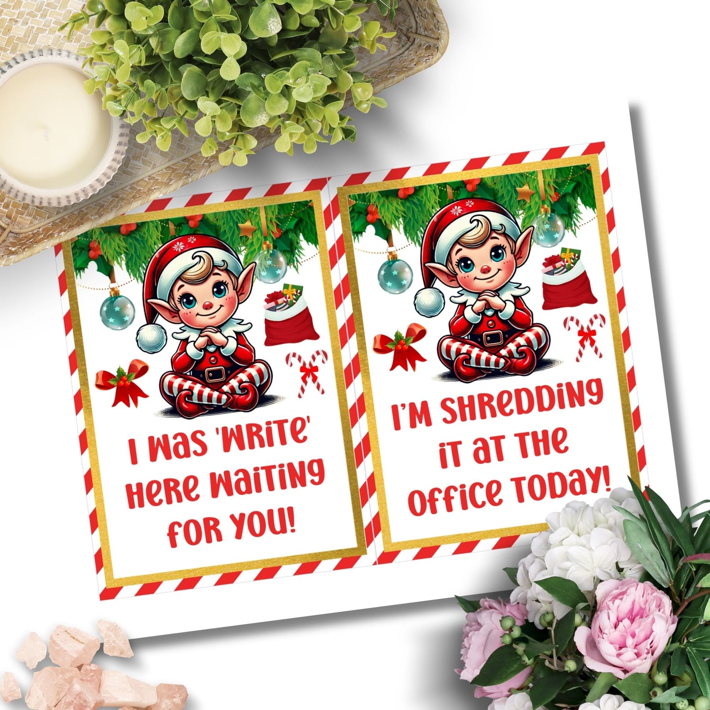 A collection of festive 5x7 office-themed Elf on the Shelf cards featuring a cute elf with sayings like “I’m the new CEO – Chief Elf Officer!” and office-specific placement ideas.