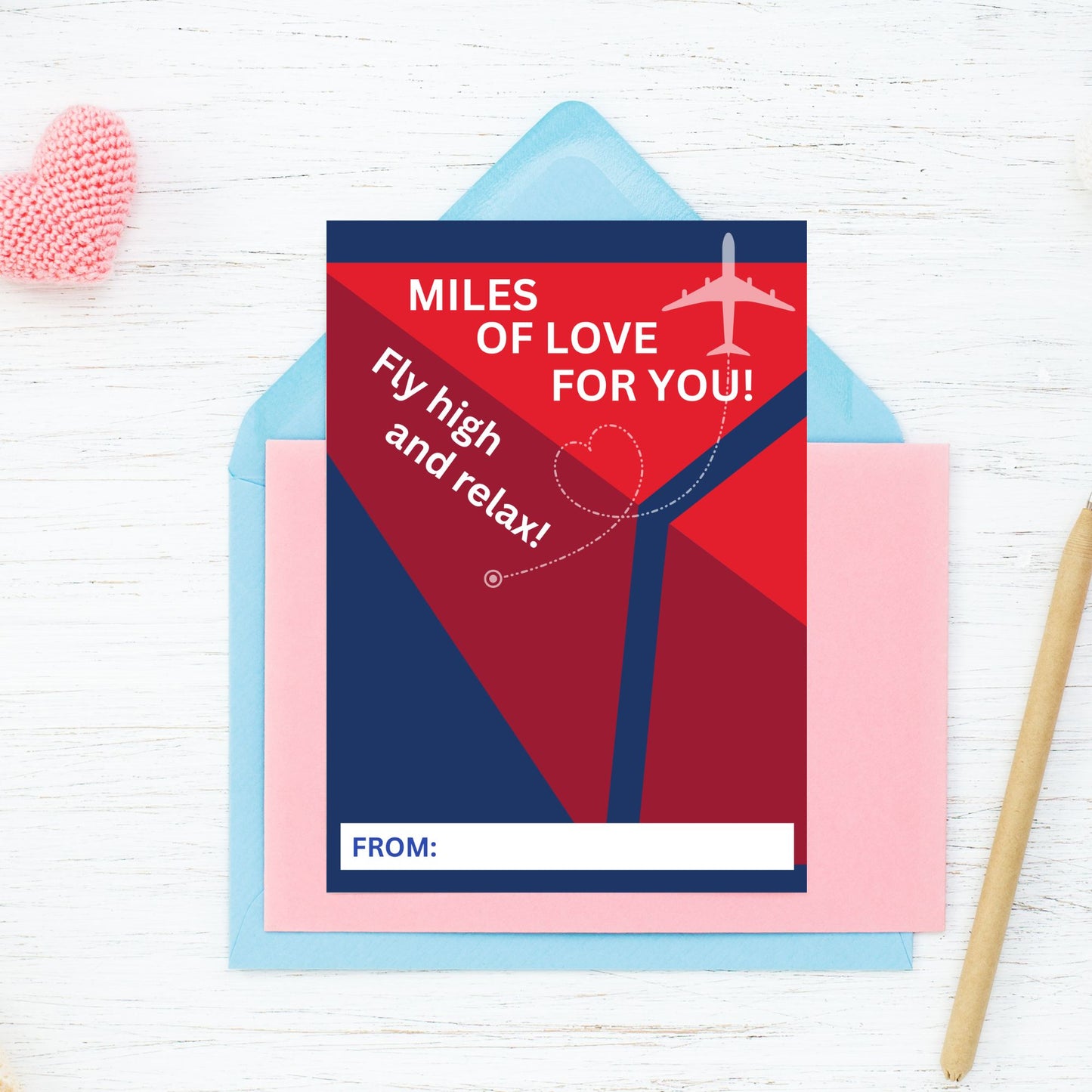 Printable “Miles of Love for You” airline travel-themed gift card holder for Mother’s Day, Father’s Day, or vacation gifts, 5x7 PDF format.