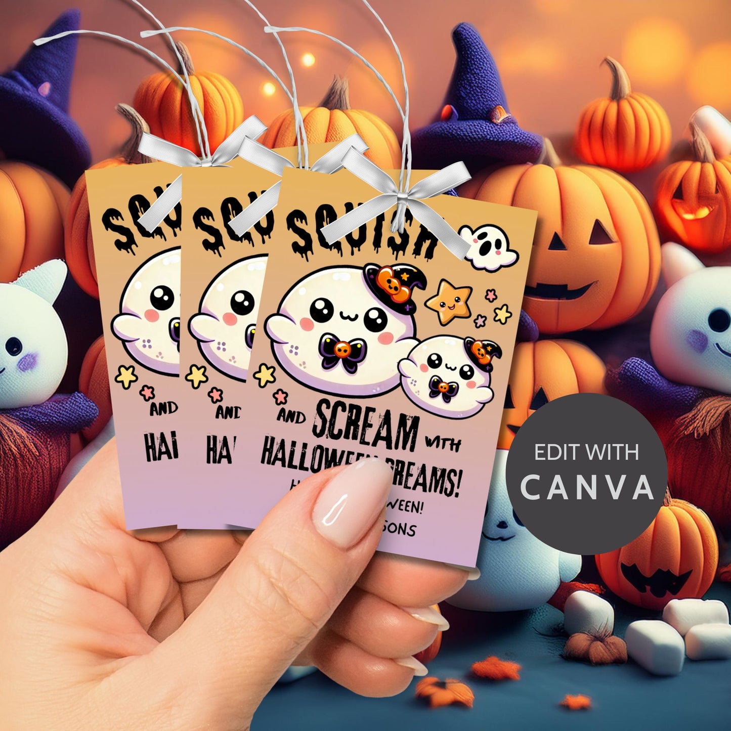 Adorable Halloween gift tags featuring squishy ghost characters with witch hats, designed for Squishmallow gifts. The tag reads "Squish and Scream with Halloween Dreams!" and is ideal for adding a fun and festive touch to your Halloween presents. Each tag is 2.5 x 3.5 inches and comes with a printable PDF and an editable template.