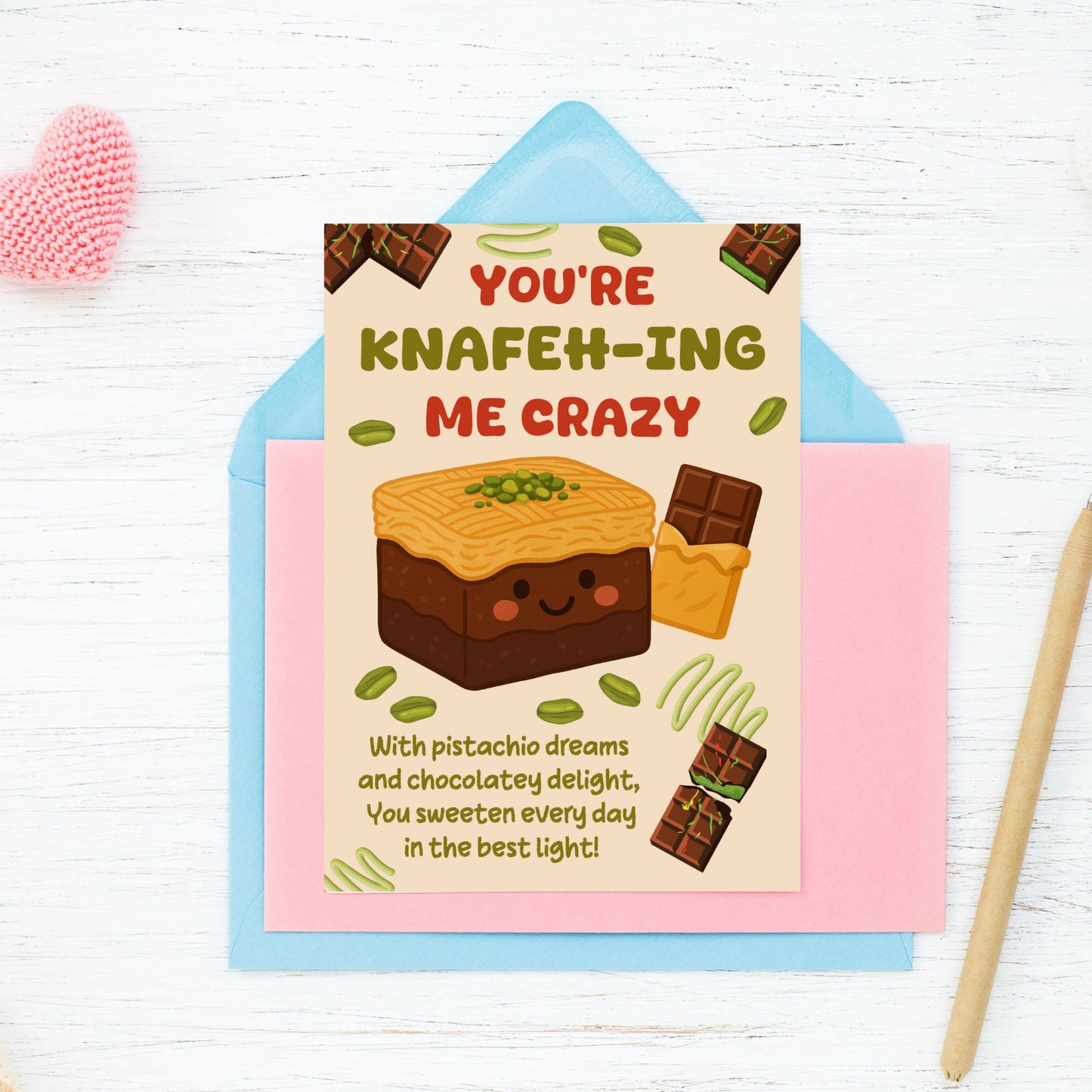Printable card with playful Middle Eastern dessert pun reading “You’re Knafehing Me Crazy” – 5x7 PDF digital download