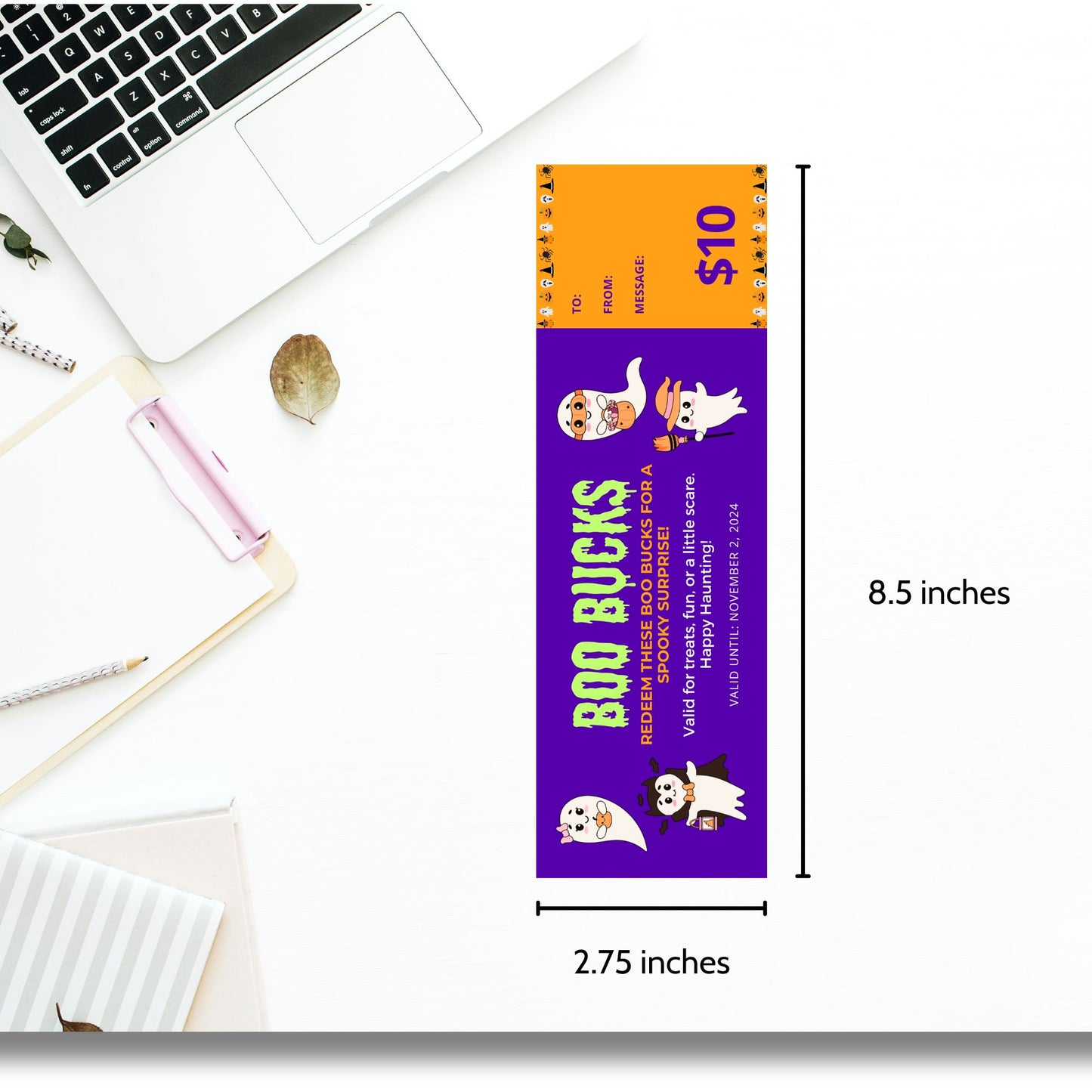 Editable Halloween-themed voucher/gift certificate in purple and orange with cute ghost illustrations, offering a "Boo Bucks" experience for treats, fun, or spooky surprises.