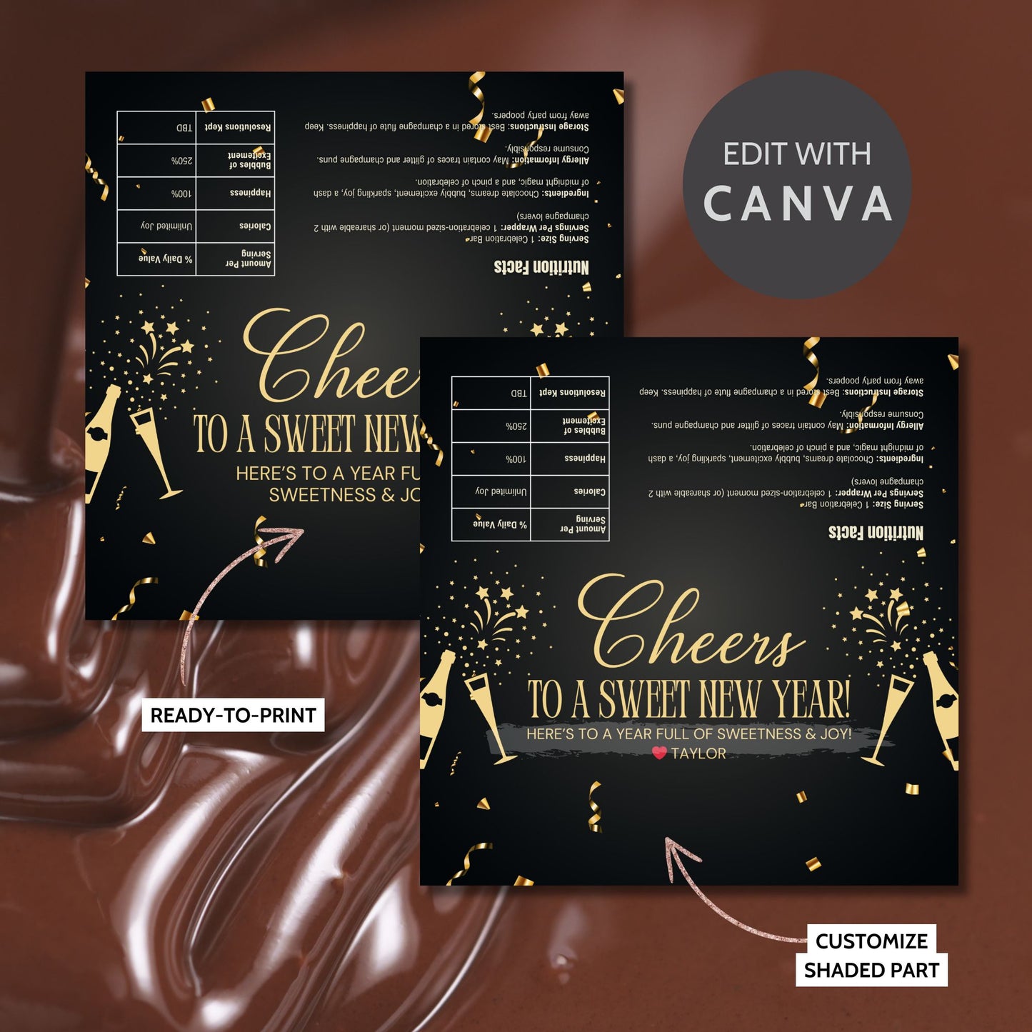 A vibrant New Year chocolate bar wrapper with celebratory designs and customizable text, perfect for adding a personal touch to New Year’s Eve celebrations or party favors.