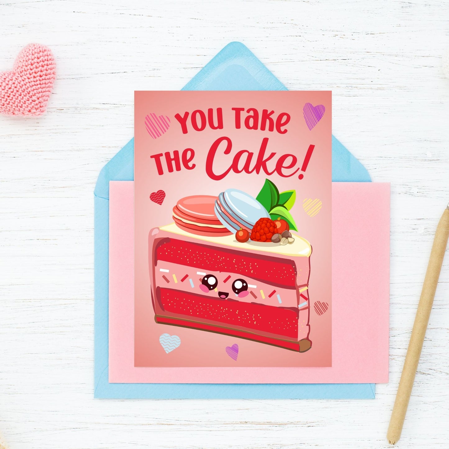 Printable Valentineās Day card featuring the phrase āYou Take the Cakeā with a charming dessert design. Designed as a 5x7 PDF on an 8.5 x 11 sheet with two cards per page. A sweet and punny Valentineās card for loved ones.