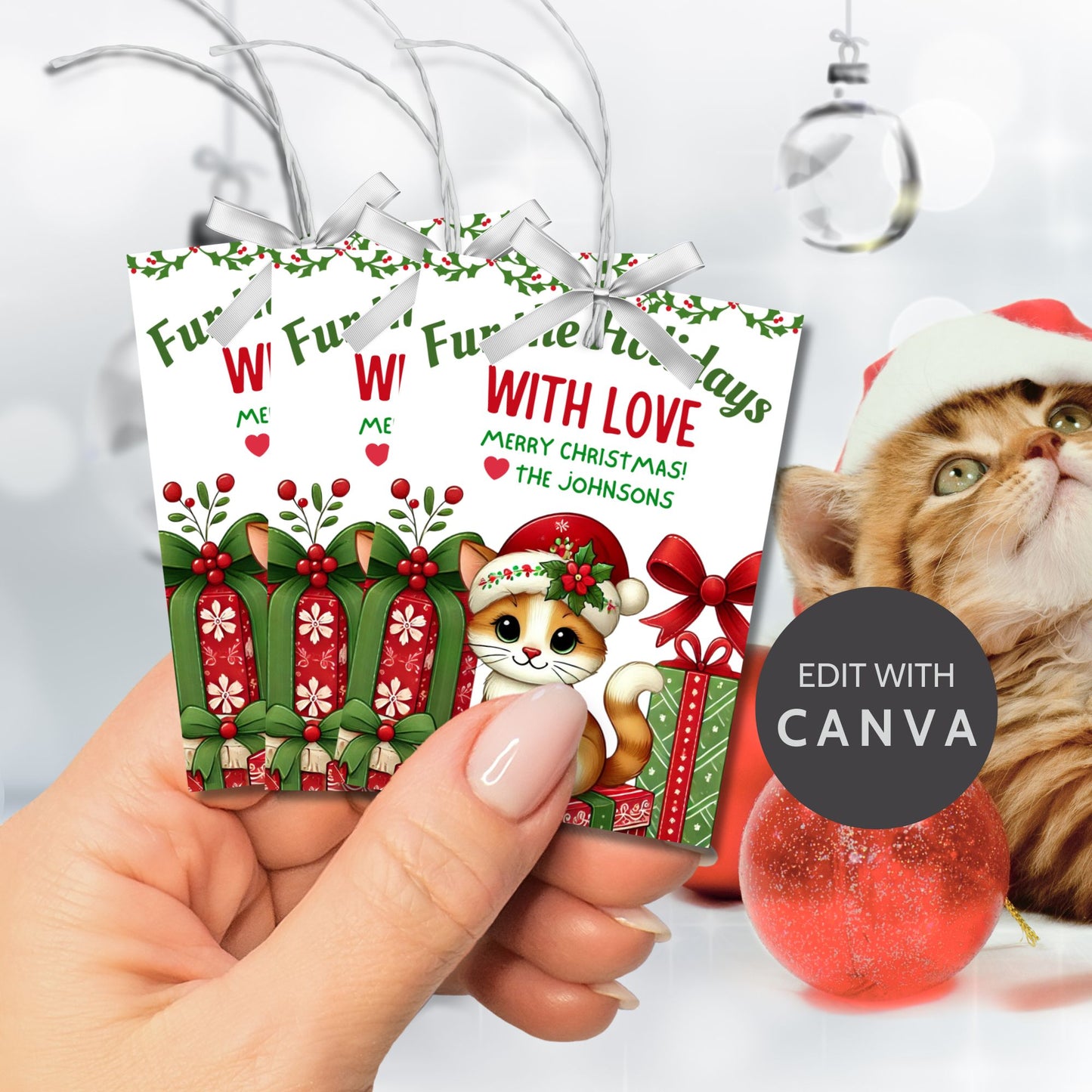 Christmas gift tags featuring a cute kitten in a Santa hat with festive gifts and holly, paired with the message "Fur the Holidays with Love." These printable and editable tags are perfect for adding a warm touch to gifts for cat lovers.