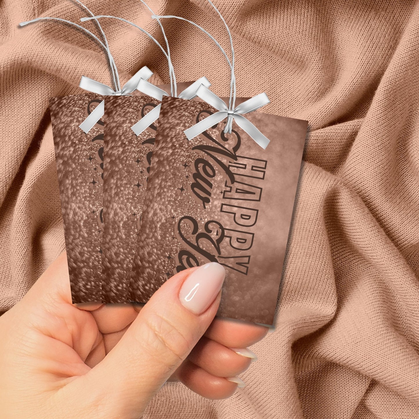 Elegant Mocha Mousse Happy New Year gift tags featuring the 2025 Color of the Year design, perfect for holiday gifting, with "Happy New Year" text in stylish typography. Printable, 2.5 x 3.5 inches, 8 per sheet.