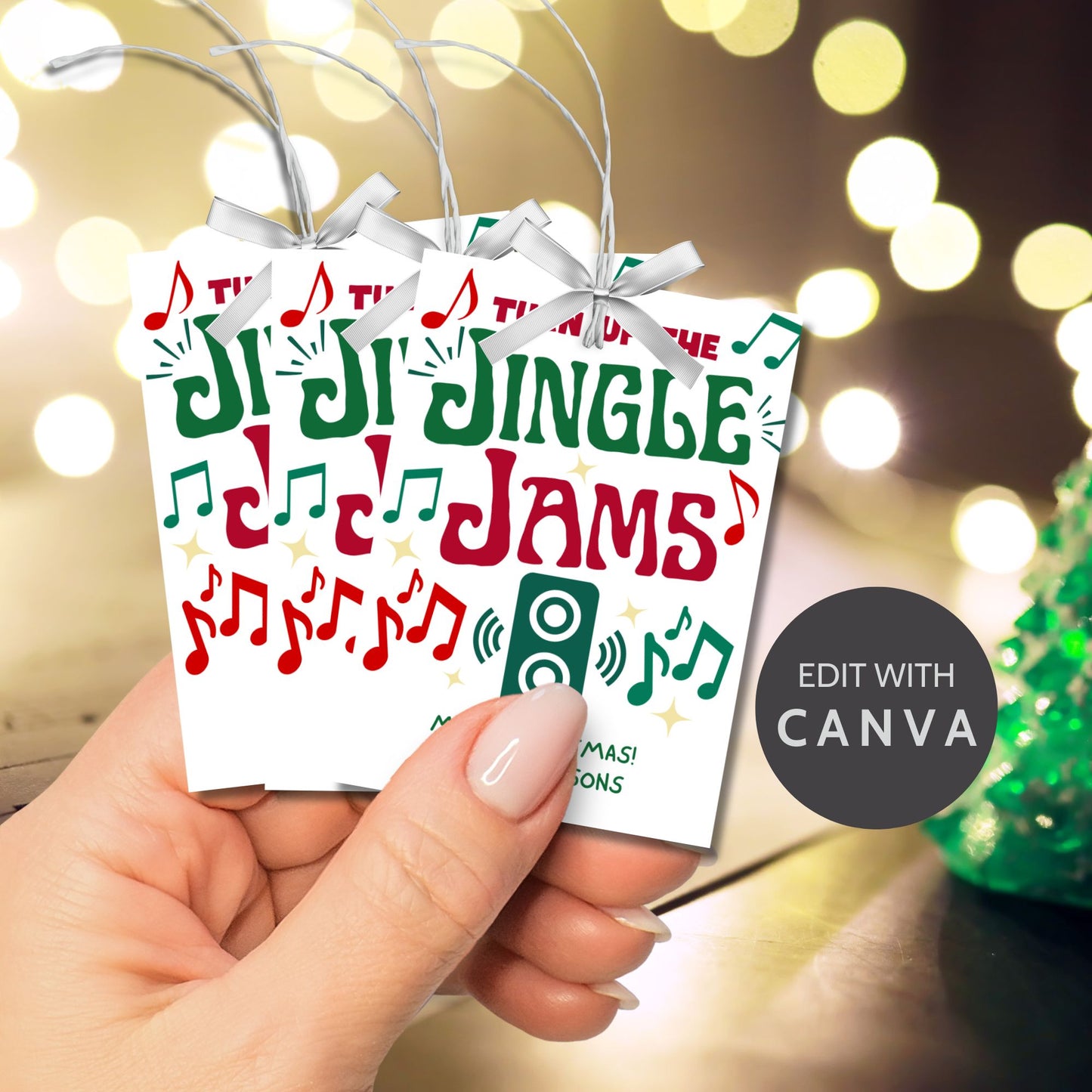 Christmas gift tags with the message "Turn Up the Jingle Jams," featuring musical notes and a speaker icon, perfect for gifts like Bluetooth speakers or Christmas party favors. These printable and editable tags add a fun and festive touch.