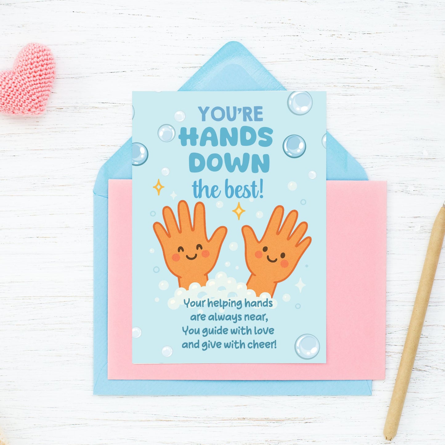 Printable thank-you card that says “You’re Hands Down the Best” – 5x7 PDF digital download for teacher appreciation gifts like soap, lotion, or sanitizer