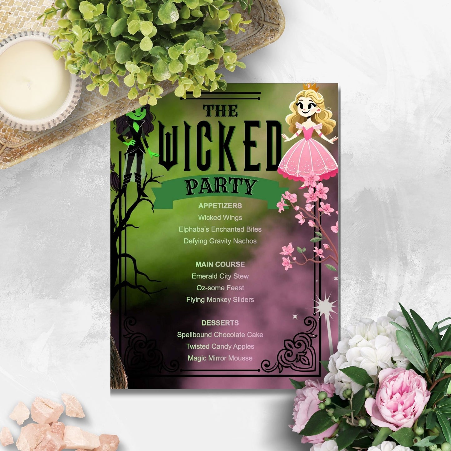 Editable Wicked-themed menu template with character illustrations and dishes like Wicked Wings and Magic Mirror Mousse, perfect for Halloween, fantasy parties, and Wicked musical fans.