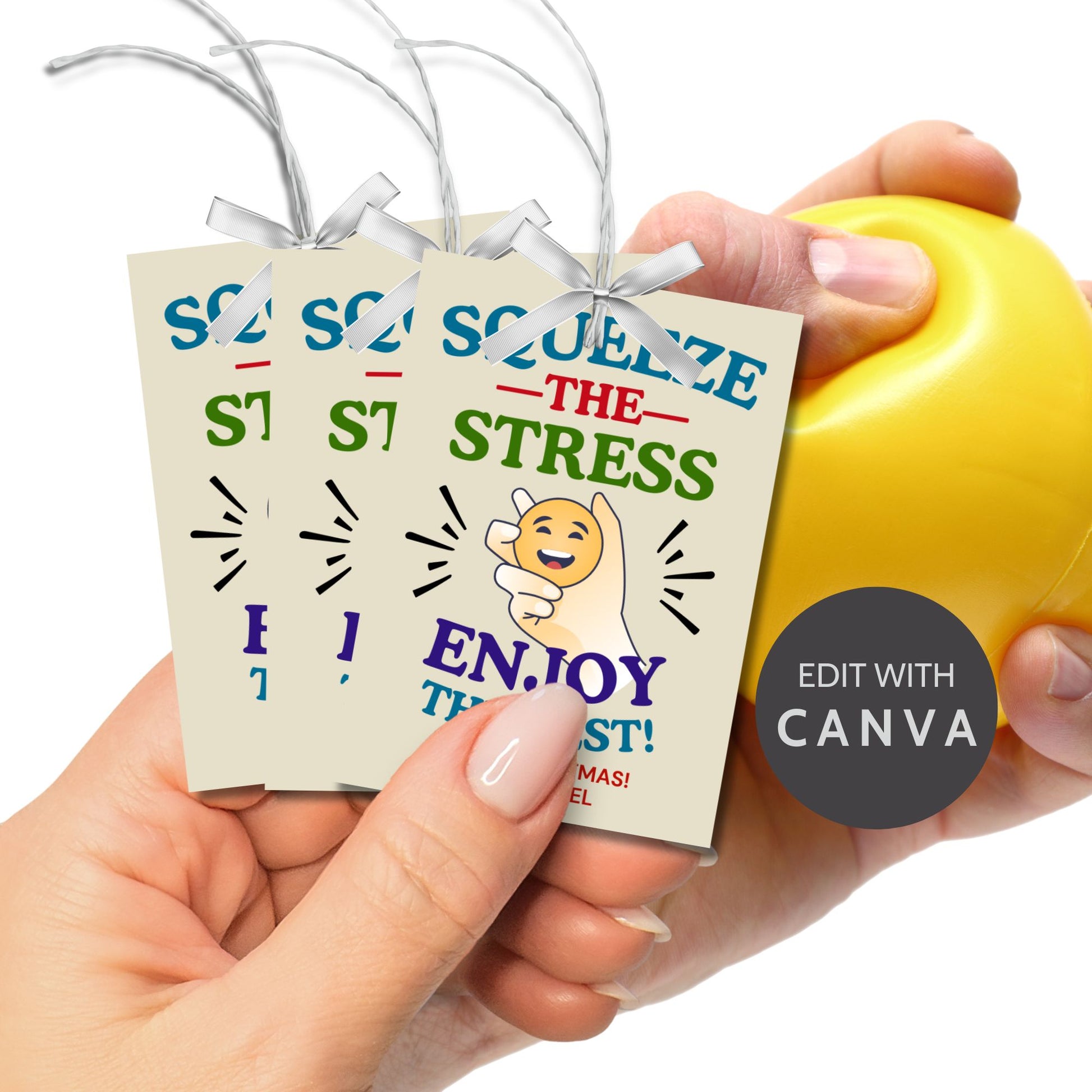 A cheerful gift tag featuring a stress ball and the phrase: "Squeeze the Stress, Enjoy the Rest!" Perfect for stress relief gifts for any occasion.