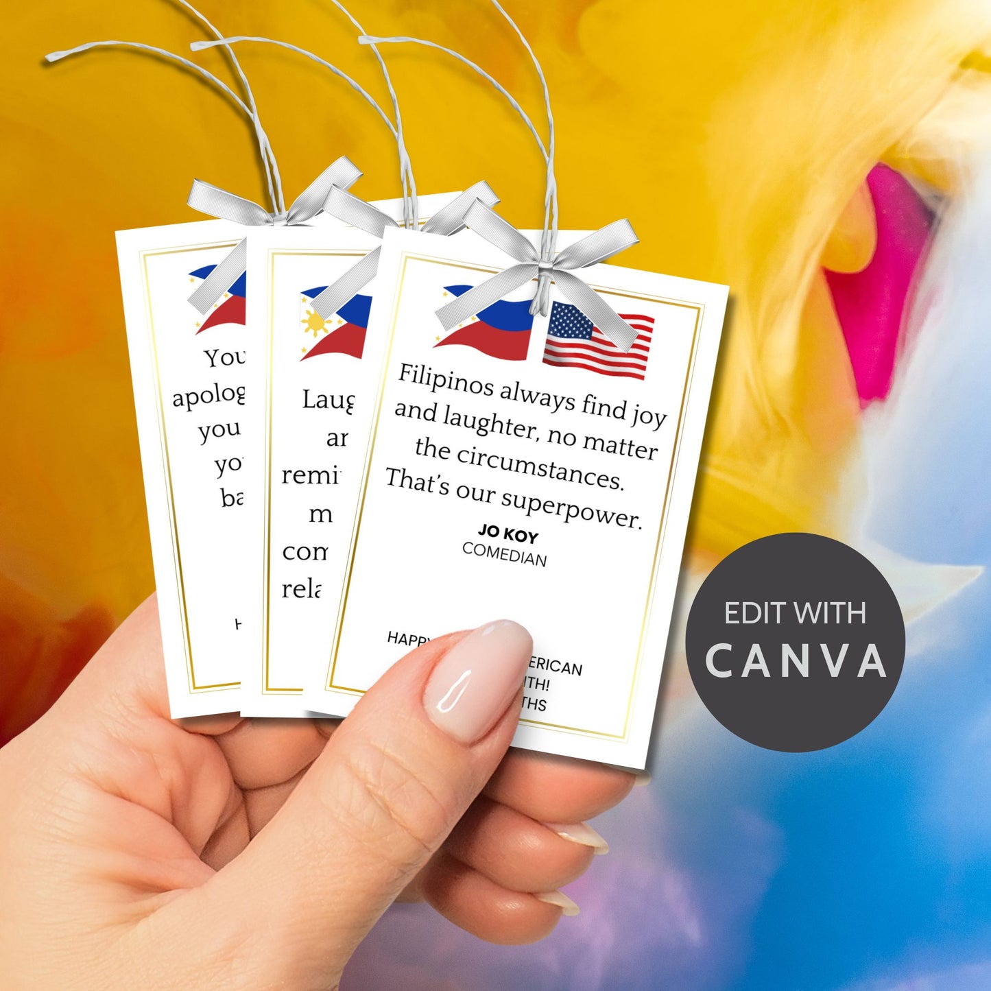 A set of 16 printable and editable Filipino-American Heritage Month gift tags featuring quotes from influential Filipino-Americans. The tags are 2.5 x 3.5 inches, displayed on an 8.5 x 11-inch layout, celebrating culture and pride.
