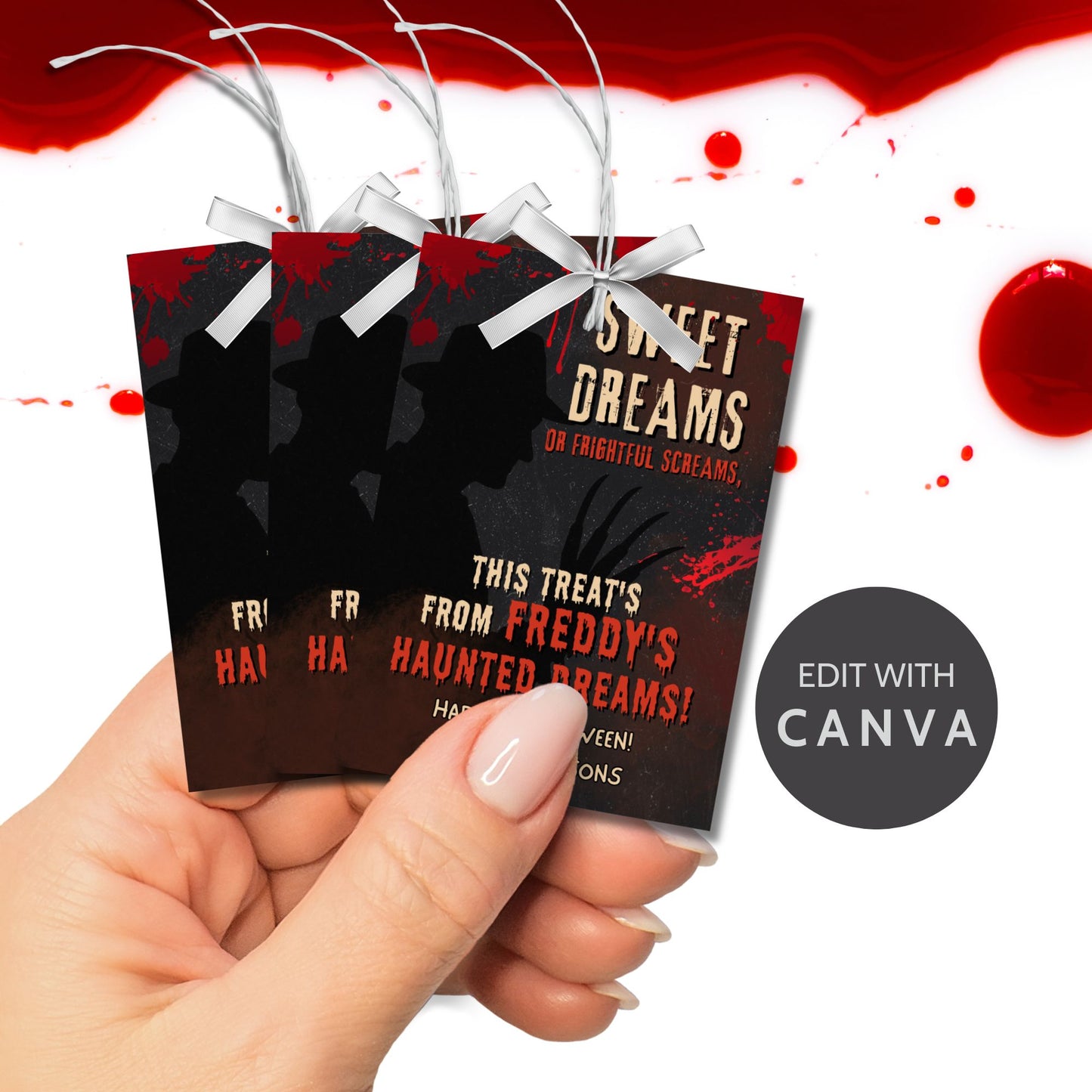 Freddy Krueger Halloween gift tag with the phrase “Sweet Dreams or Frightful Screams,” inspired by Nightmare on Elm Street. Features a creepy glove silhouette and horror-themed graphics, sized 2.5 x 3.5 inches for printable treat tags.
