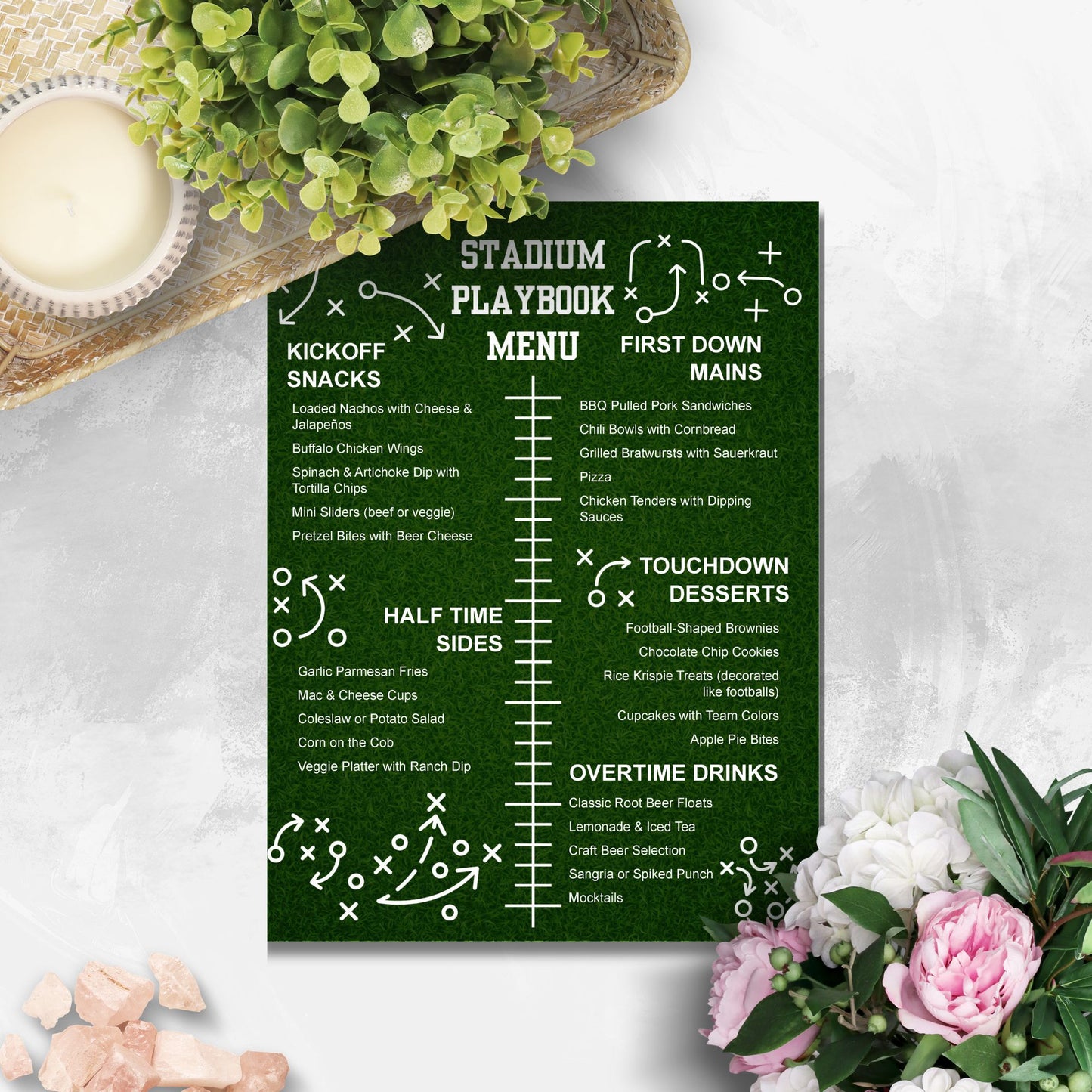 Editable Stadium Playbook Menu Template with game day sections like Kickoff Snacks, First Down Mains, and Touchdown Desserts; perfect for NFL parties, tailgates, and Super Bowl menus.