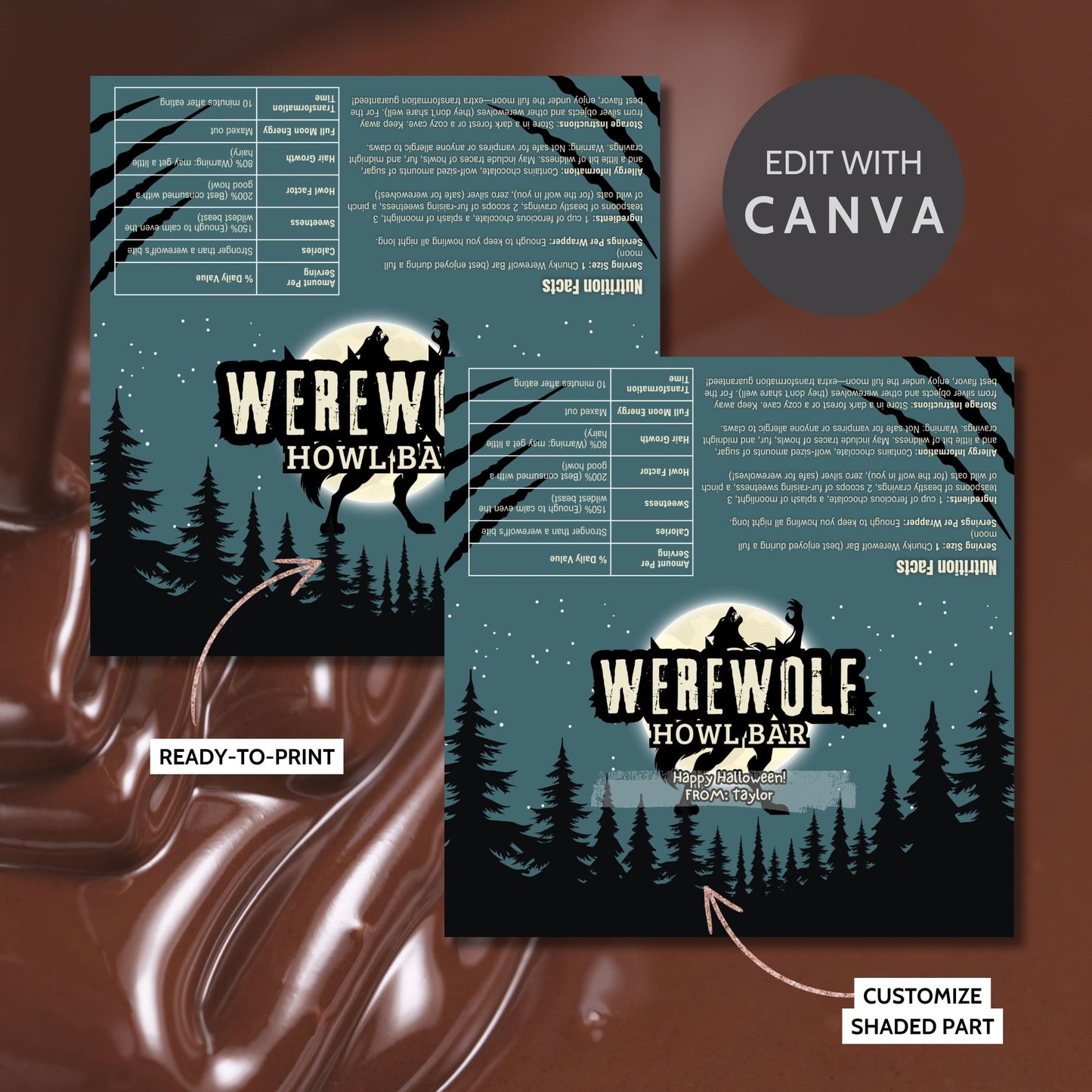 Printable and editable werewolf-themed Halloween chocolate bar wrapper featuring a full moon and howling werewolf, perfect for spooky treats and Halloween parties.