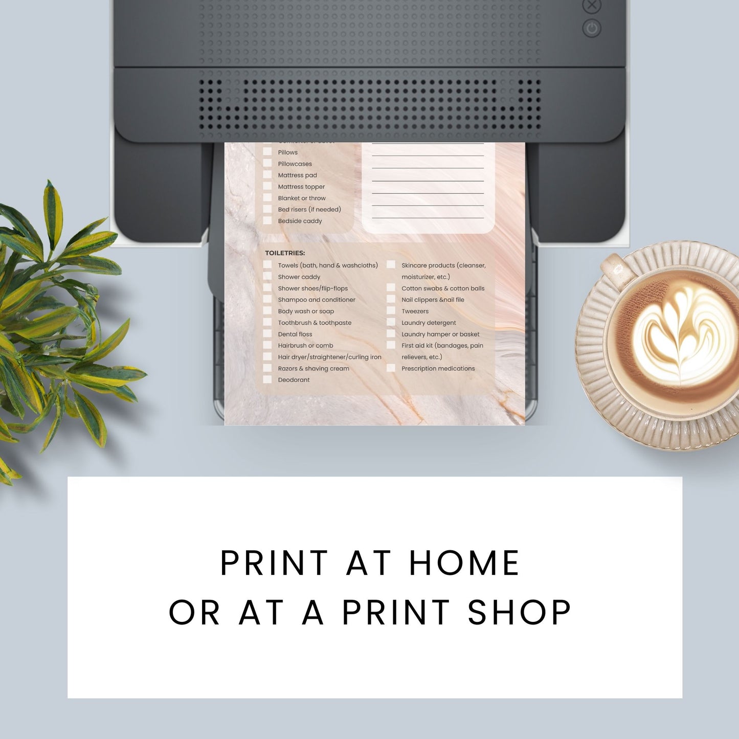 Printable Dorm Checklist with a stylish taupe marble design, listing all essential items for college students