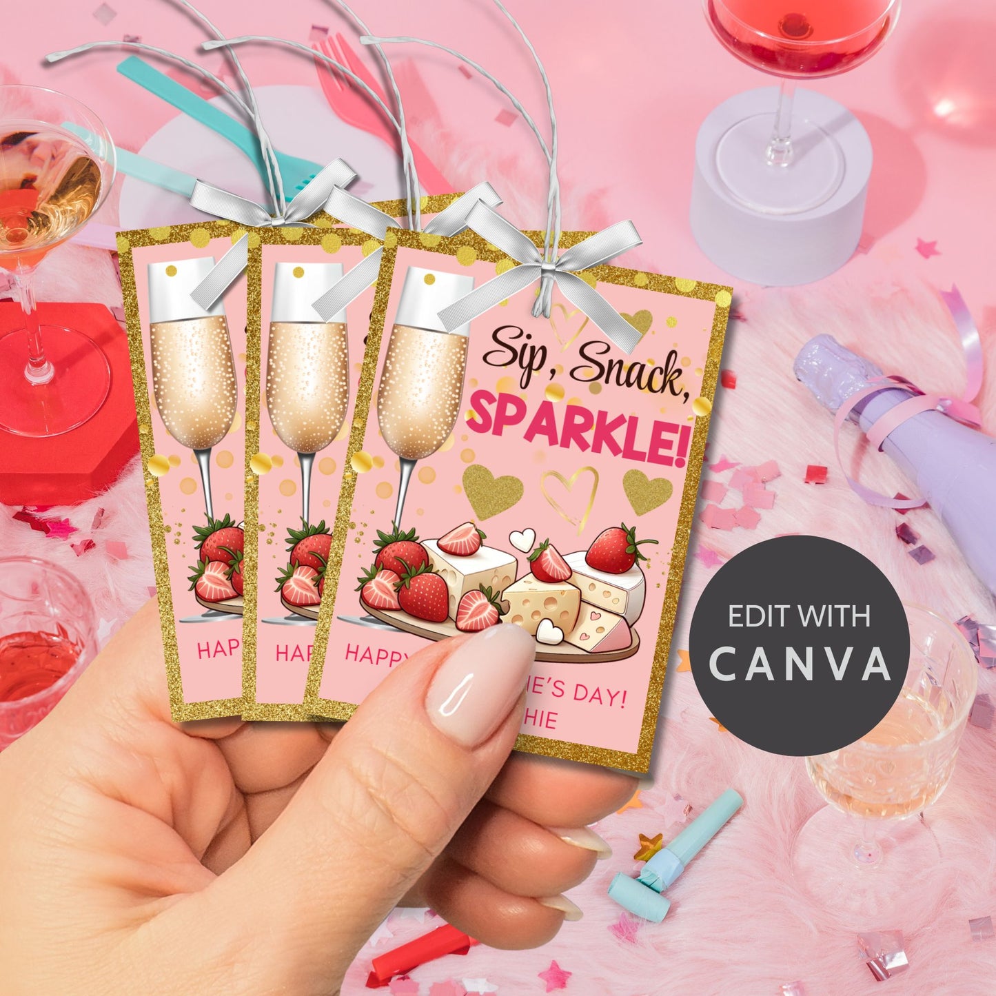 Chic printable and editable Galentine’s Day gift tags featuring champagne, cheese, strawberries, and the message "Sip, Snack, Sparkle!" Perfect for wine nights, brunch, or Galentine’s gift bags.