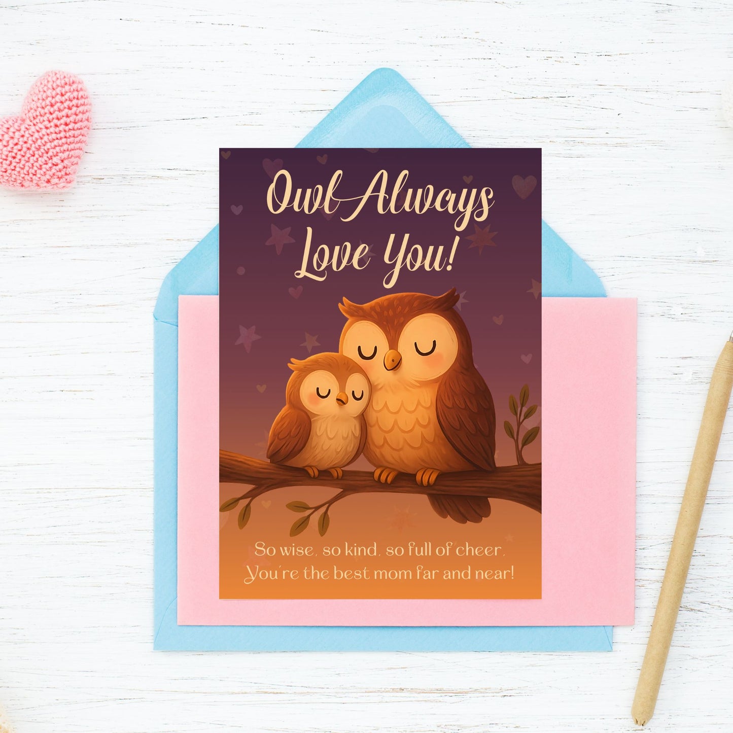 Printable 5x7 Mother's Day card with a cute owl and the pun "Owl Always Love You," featuring a soft, whimsical design, available as an instant download PDF.