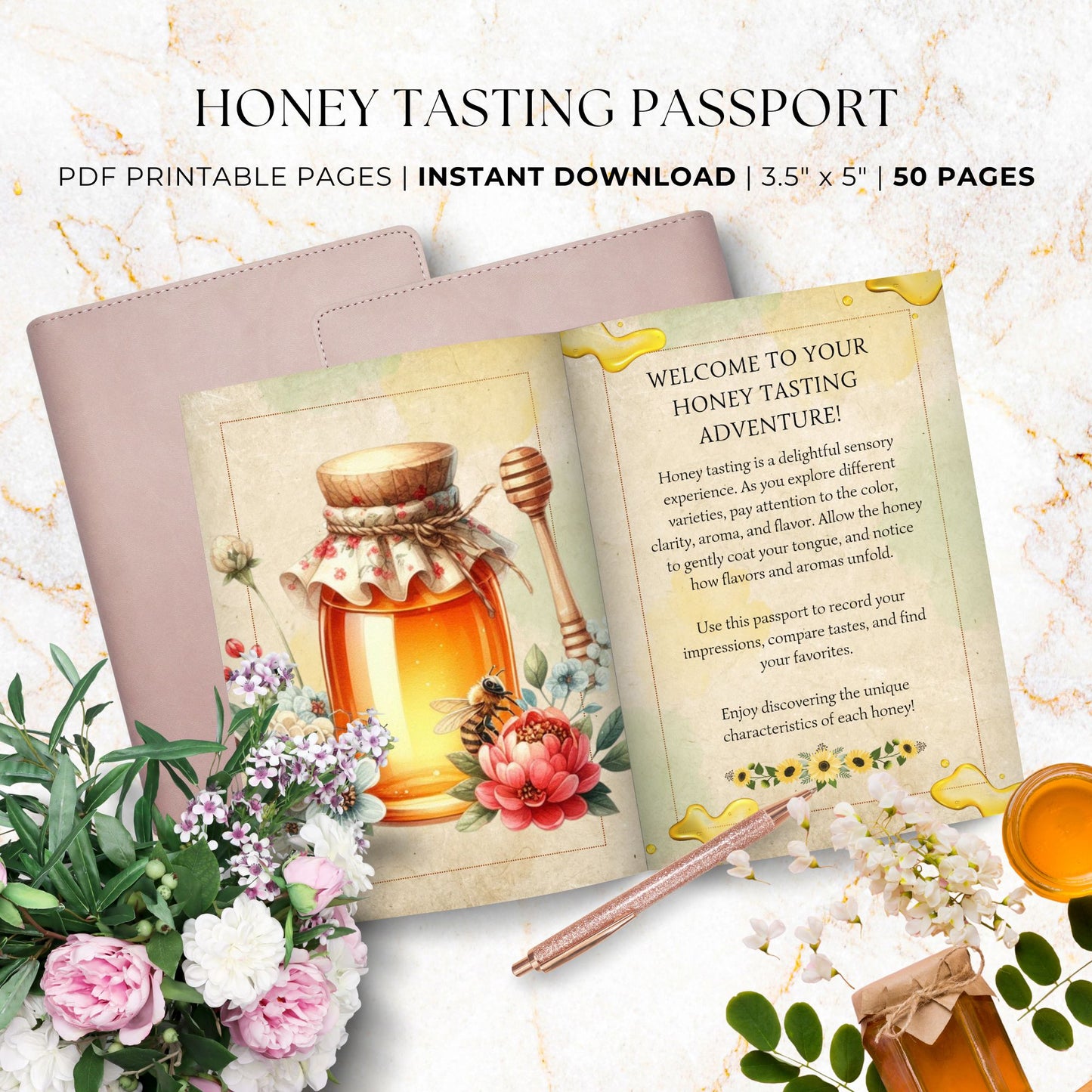 Vintage-style Honey Tasting Passport printable with elegant bees, honeycombs, and rustic honey jars, designed for noting honey-tasting experiences.