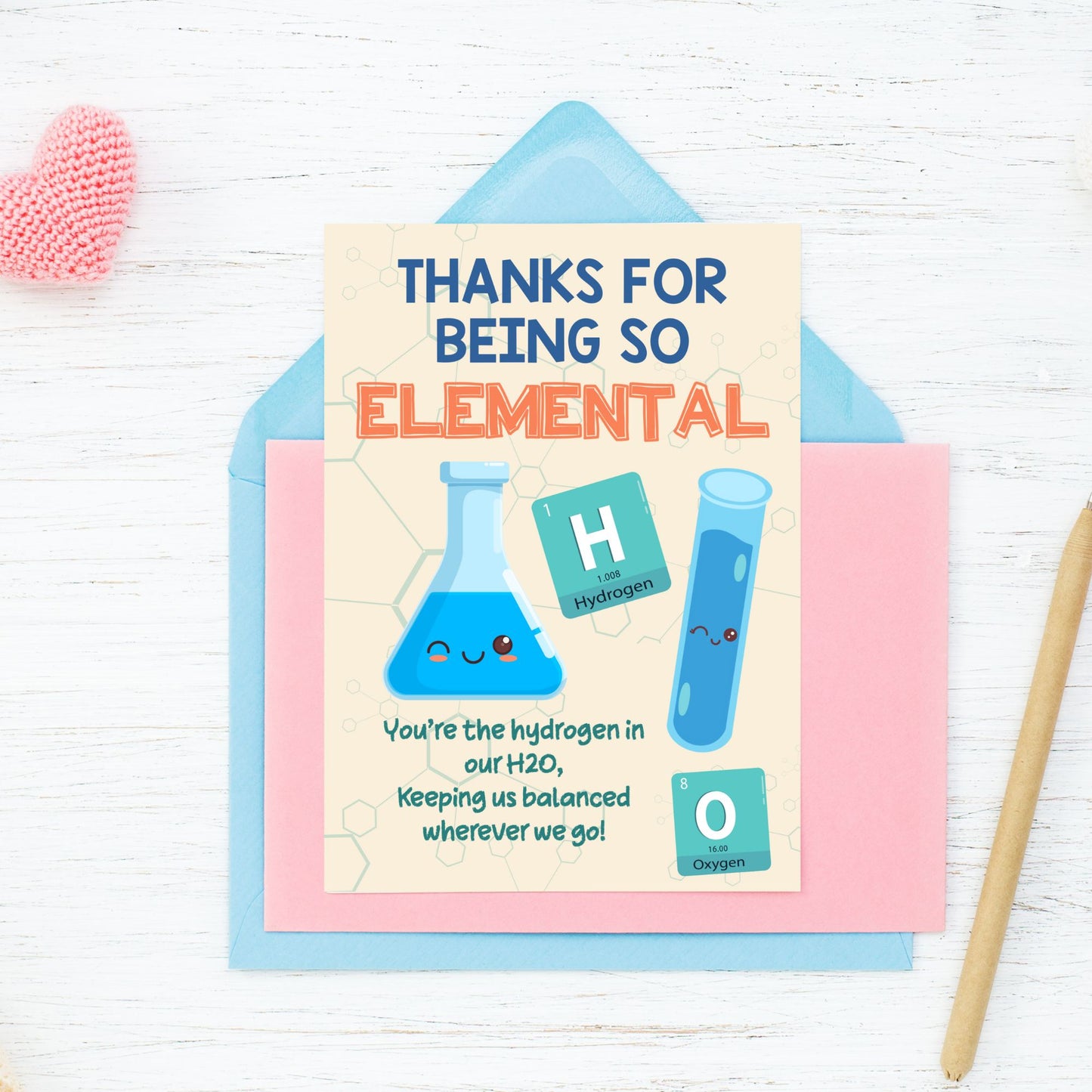 Science-themed printable card reading “Thanks for Being So Elemental” with periodic table style – 5x7 PDF digital download