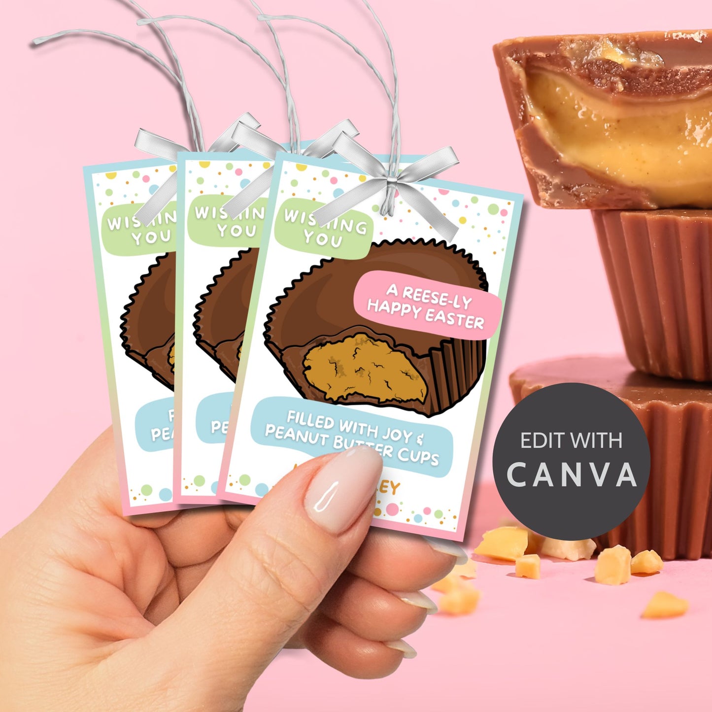 Colorful Easter-themed printable gift tags attached to peanut butter chocolate cups, featuring playful bunny illustrations and the cheerful message 'Wishing You a Hoppy Easter!
