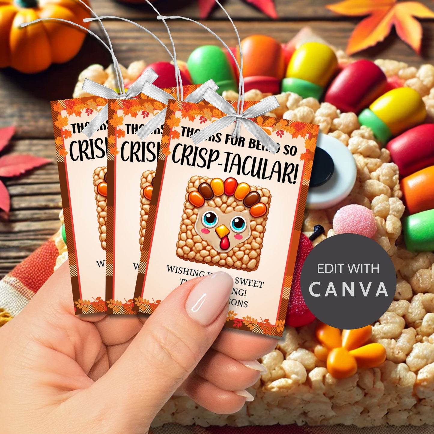 Printable Thanksgiving gift tags with a Rice Krispie turkey illustration and the message 'Thanks for Being So Crisp-tacular!' surrounded by a festive autumn border. Ideal for sweet holiday treats and gifts.