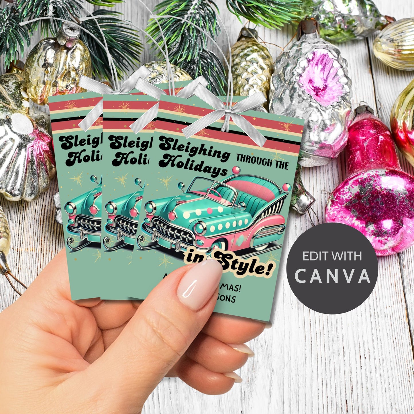 Retro-inspired Christmas gift tags featuring a vintage car with holiday decorations and the message "Sleighing Through the Holidays in Style!" These printable and editable tags add a nostalgic, stylish touch to holiday gifts.