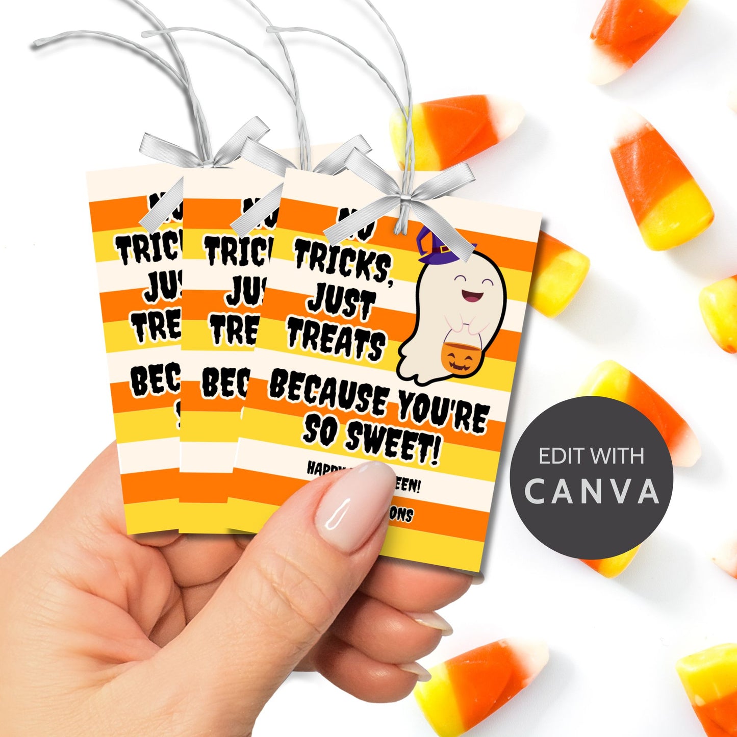 Halloween-themed printable gift tags featuring a cute ghost holding a pumpkin with the message "No Tricks, Just Treats Because You're So Sweet!" Tags are 2.5 x 3.5 inches, laid out 8 per sheet on a standard 8.5 x 11-inch page. Includes a printable PDF and a PDF with a link to an editable Canva template.