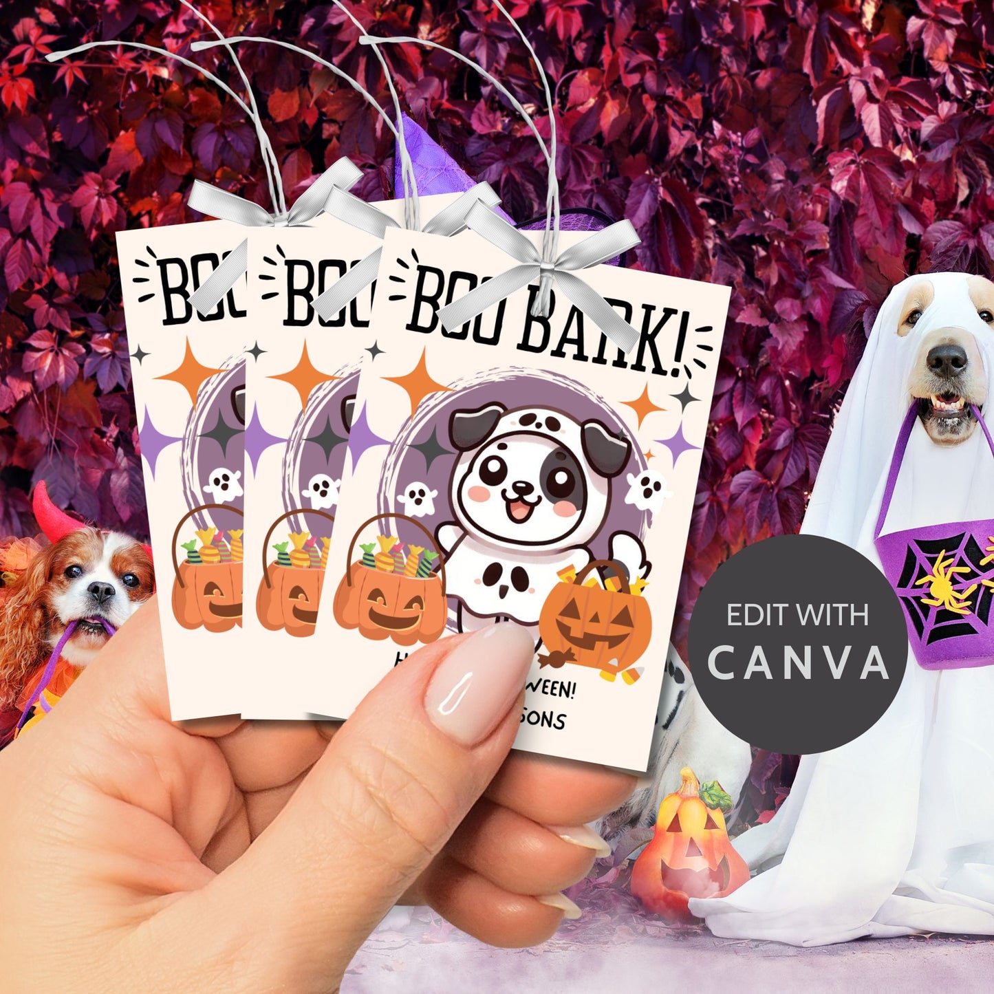 Printable Halloween gift tags featuring an adorable dog dressed in a Halloween costume with the message "Boo Bark!" Tags are 2.5 x 3.5 inches, laid out 8 per sheet on an 8.5 x 11-inch page. Includes a printable PDF and a PDF with a link to an editable Canva template.