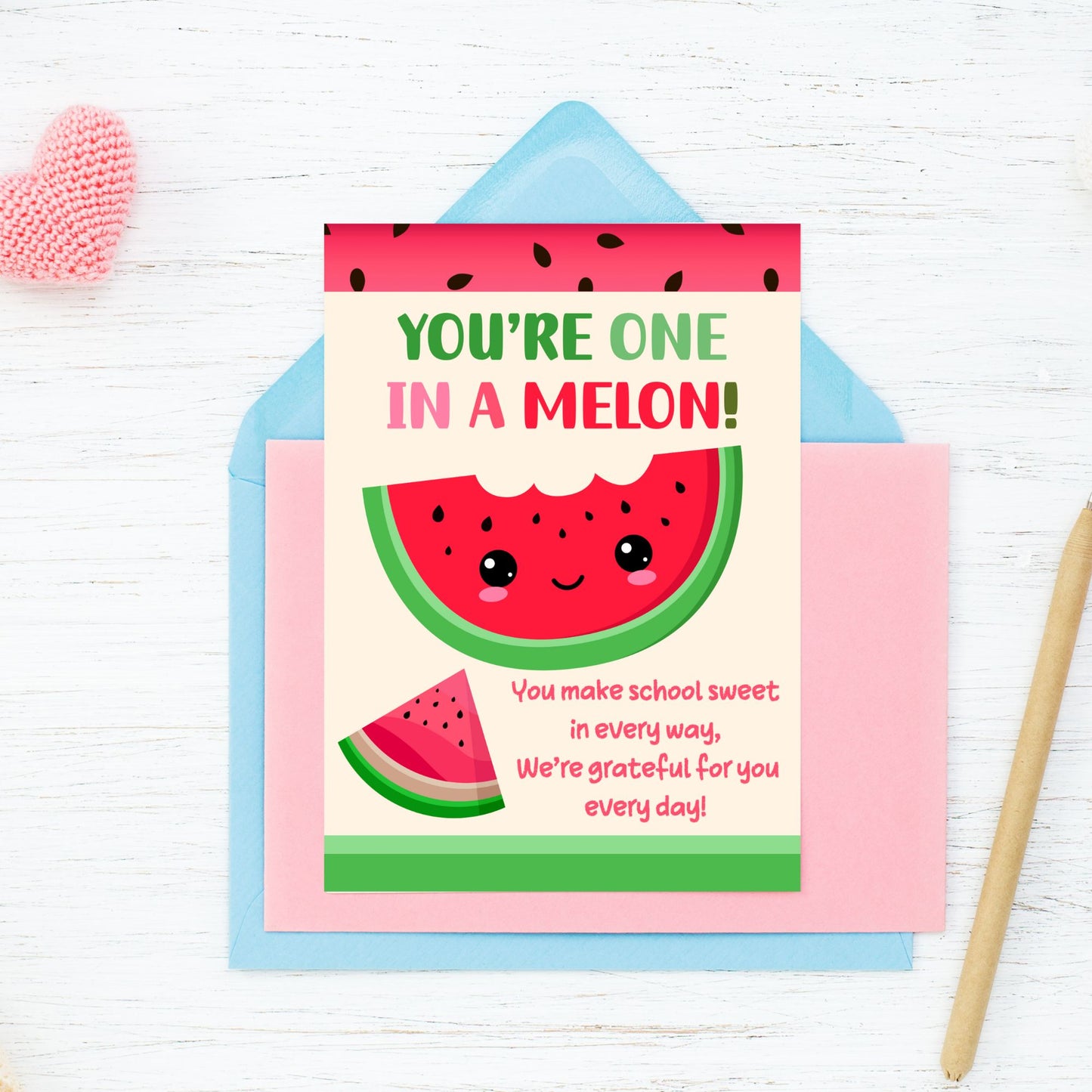 Printable watermelon-themed teacher card with “You’re One in a Melon” pun – 5x7 PDF digital download