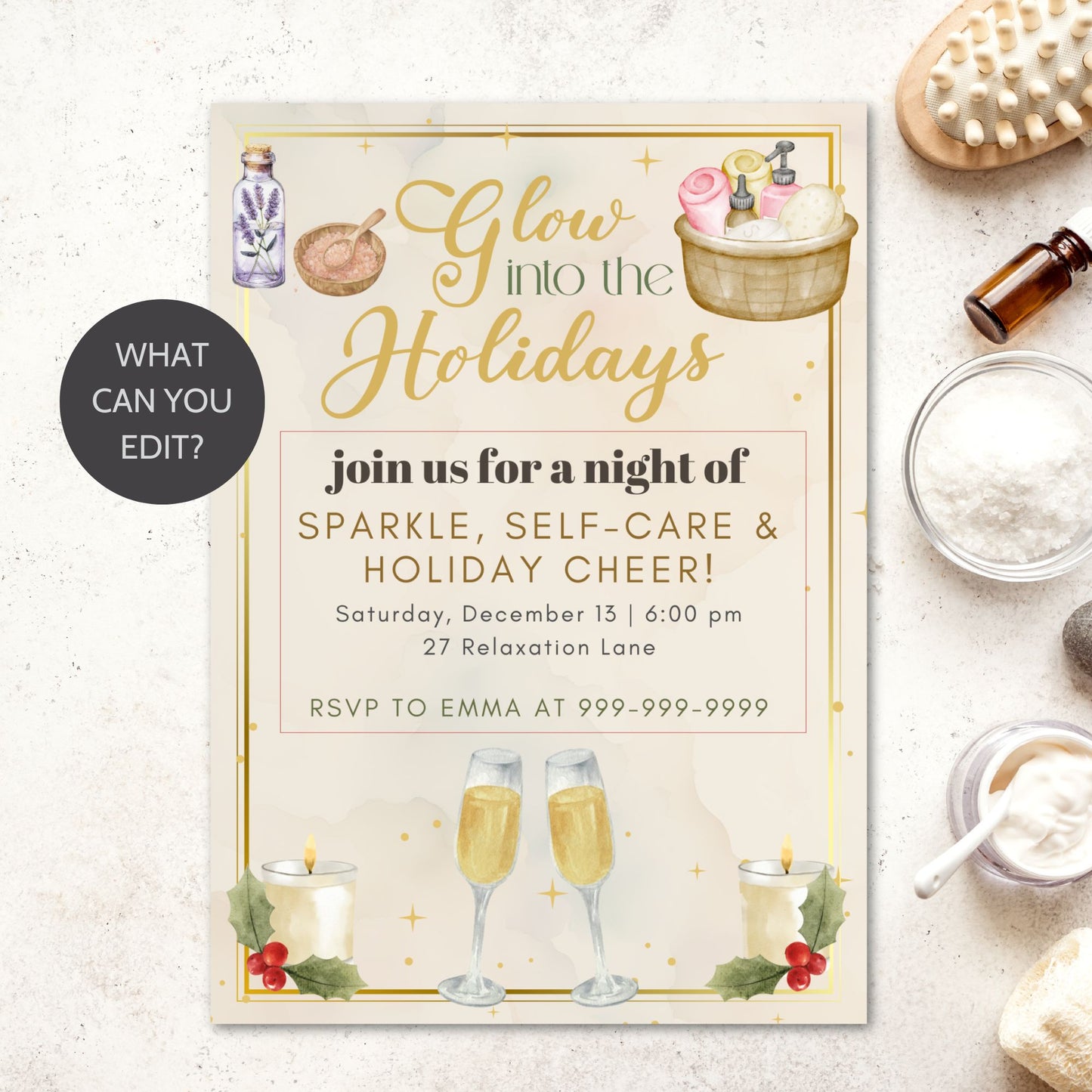 Invitation card for a holiday event with self-care items on a textured surface.